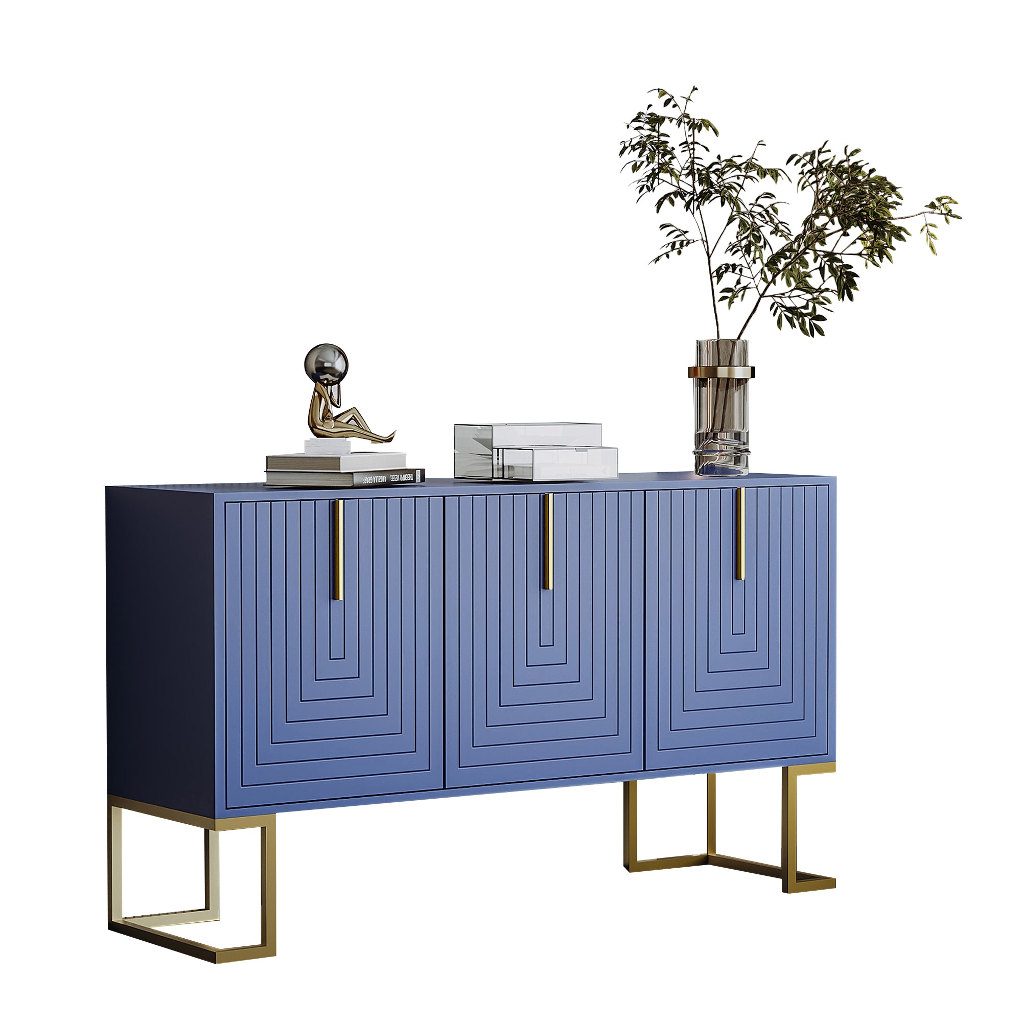 Sideboard, 3-Door Adjustable Shelves U-Shaped Metal, Navy Blue