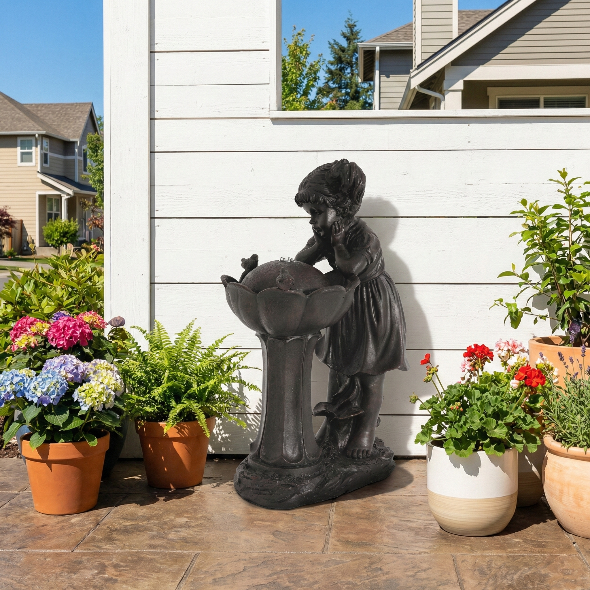 Girl Figurine LED Outdoor Fountain with Tranquil Water Feature, 65.5 cm, Copper Color