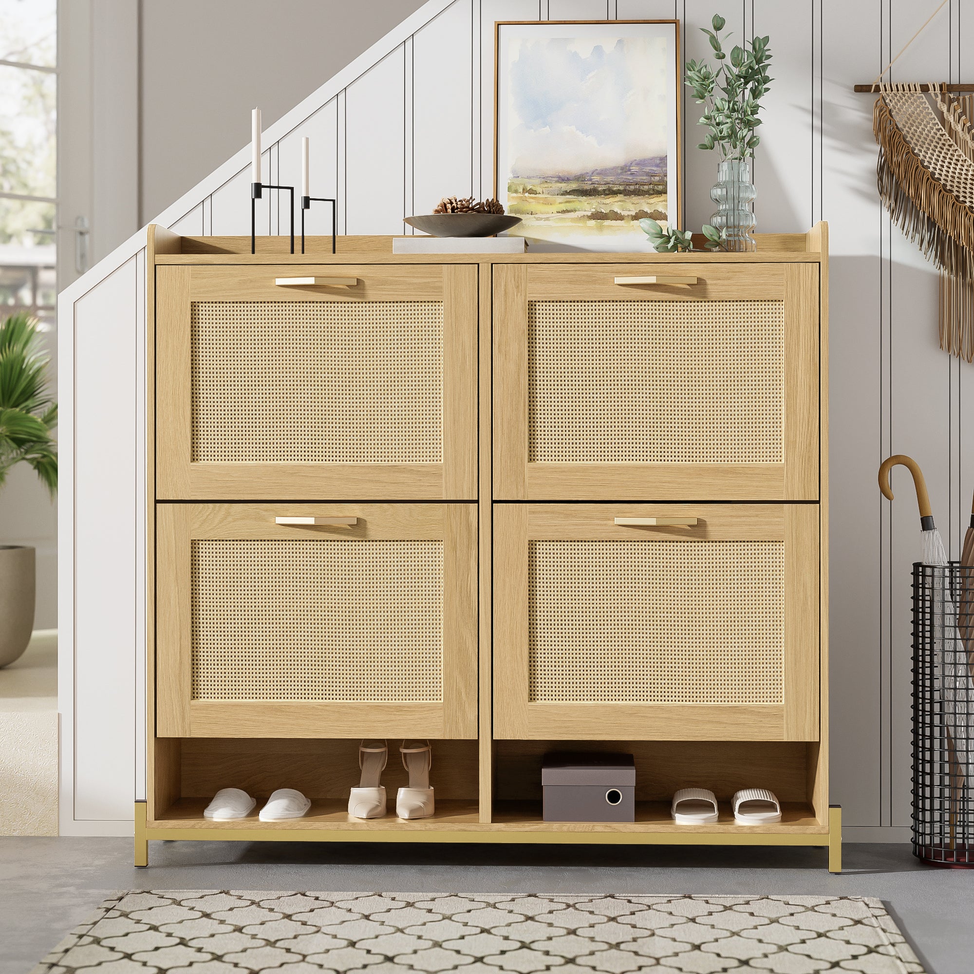 Shoe Cabinet Rattan Doors 4 Doors Metal Frame - Wood