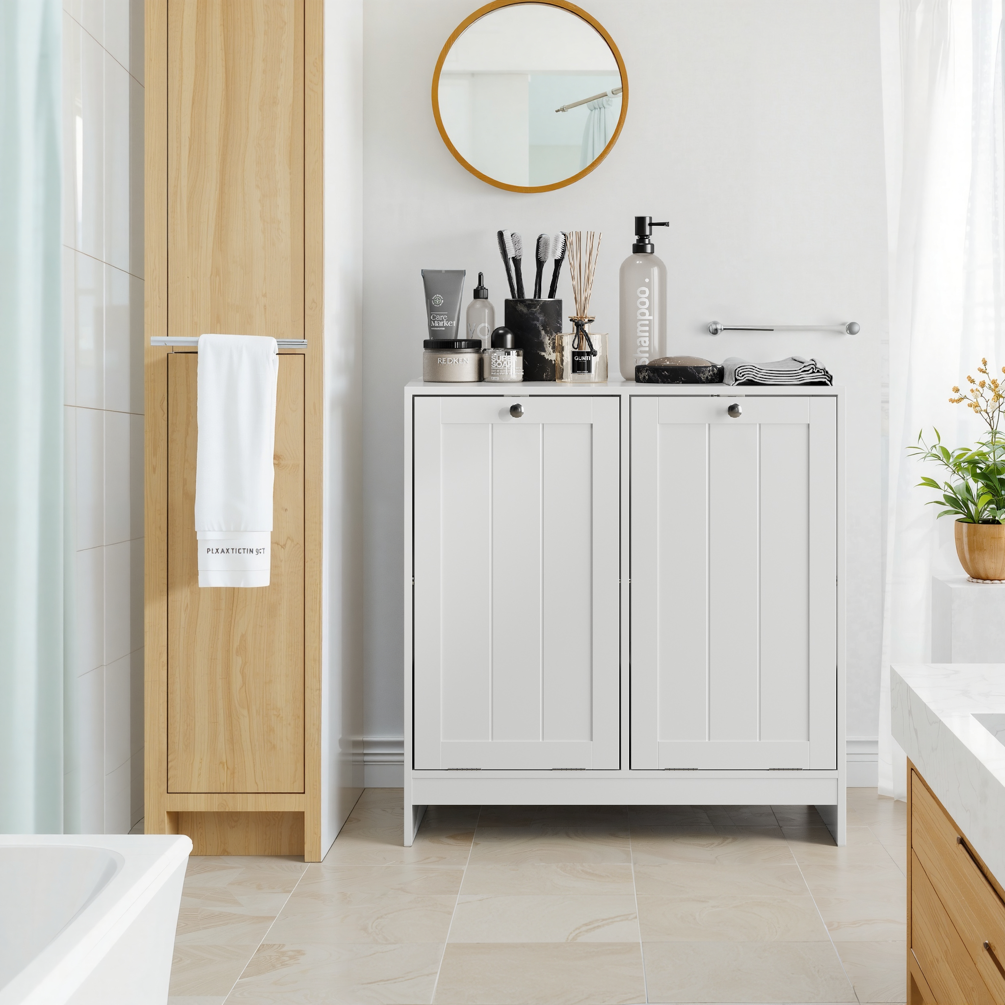 Tilting Laundry Basket Removable Hamper Storage Cabinet, White