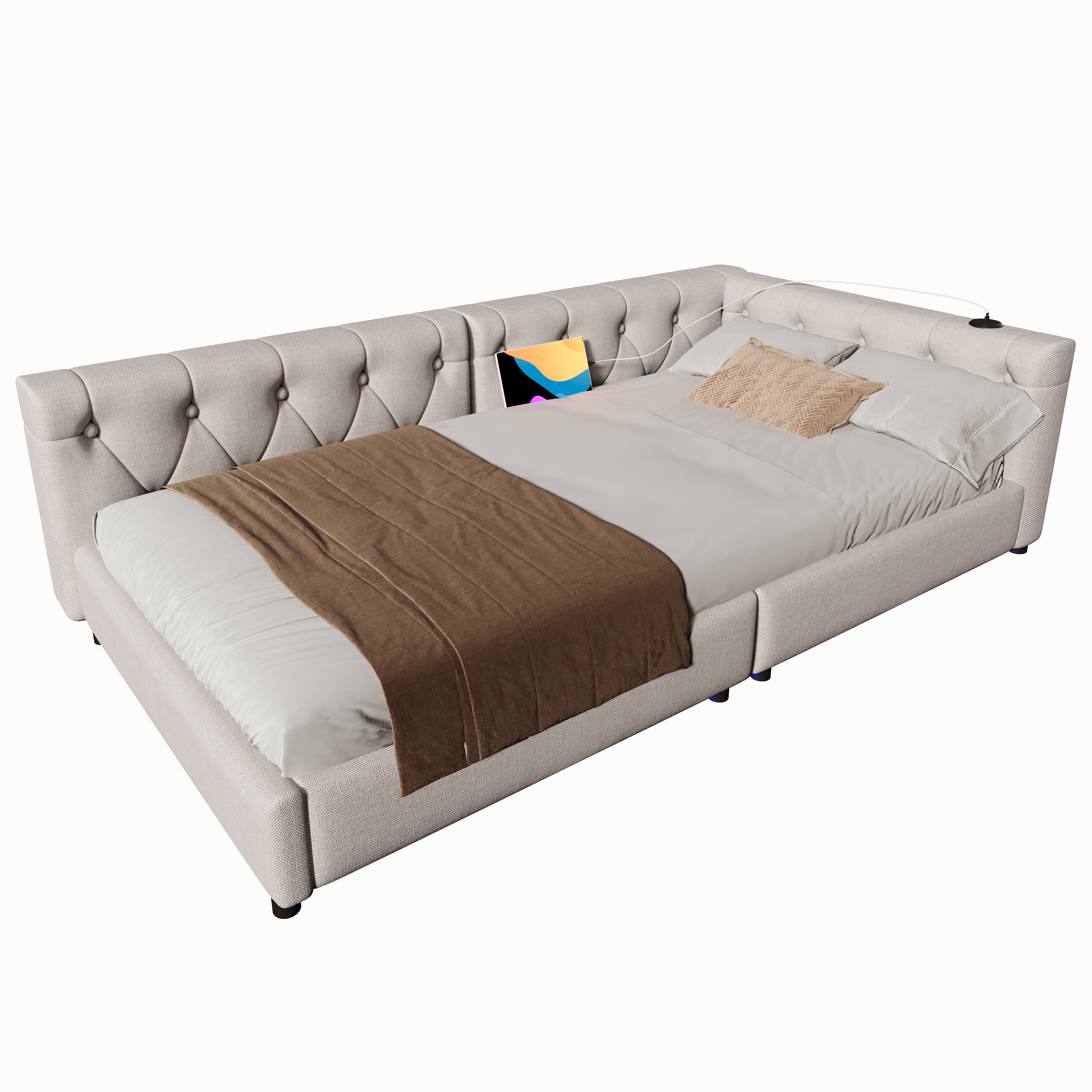 Daybed Sofa Bed 90x200cm LED Light USB/Type-C Button Tufting - Linen Beige