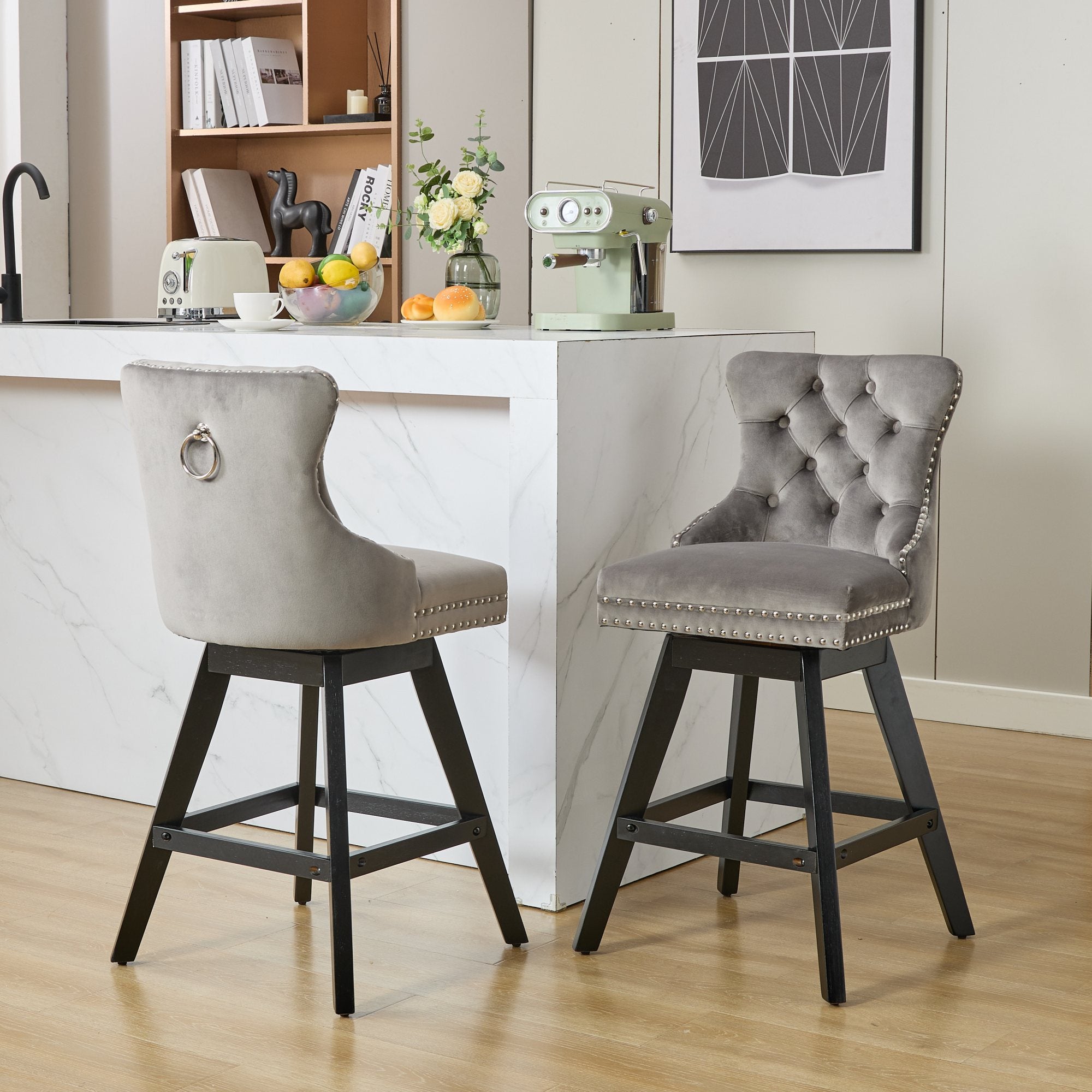 Swivel Barstools, Button Tufted with Wooden Legs, Set of 2, Gray Velvet