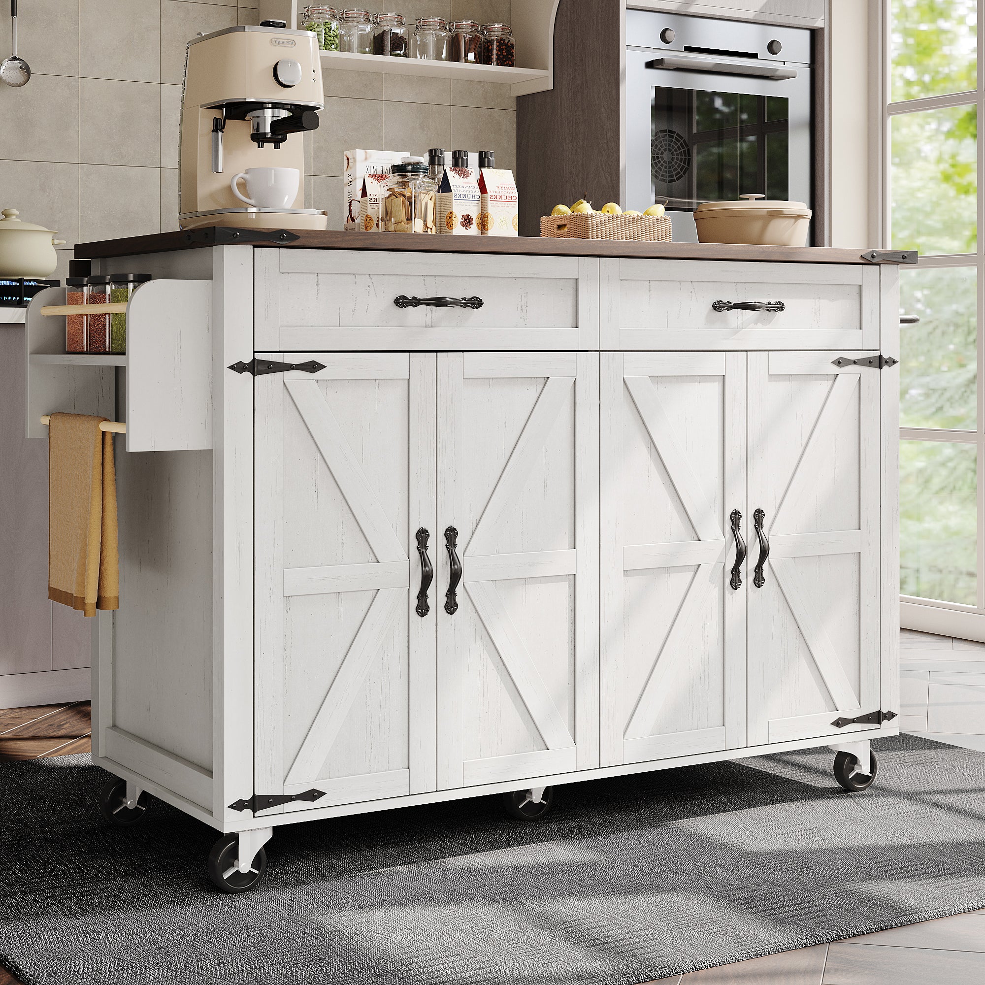 Kitchen Island Serving Trolley, Pull-Out Worktop Storage with 4 Doors and 2 Drawers, Wood Grain