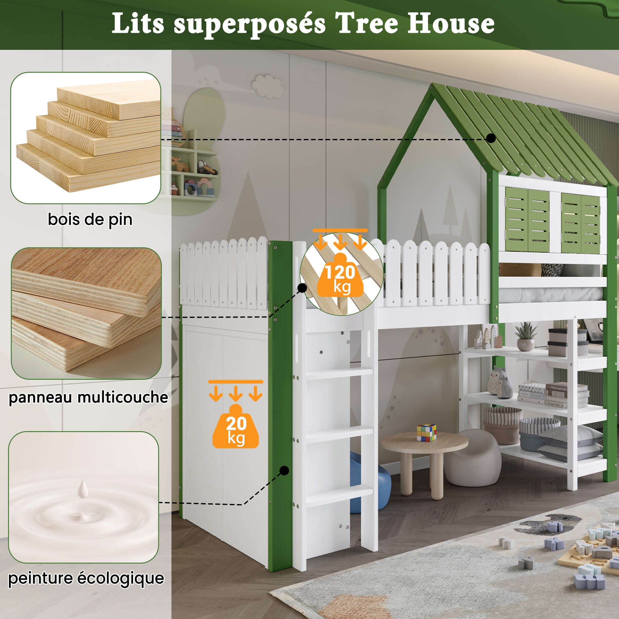 Loft Bed, Children's with Wardrobe & Ladder, Pine+MDF+Plywood, White+Green