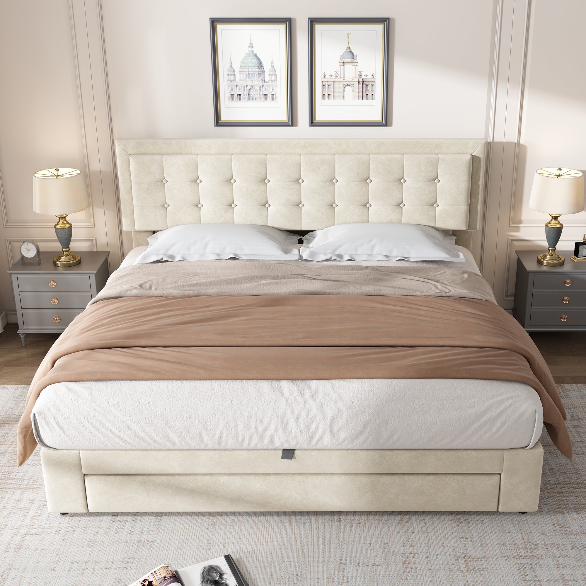 Upholstered Bed, King Size 150x200cm with Large Storage, Slats and Headboard, Velvet Fabric, Cream