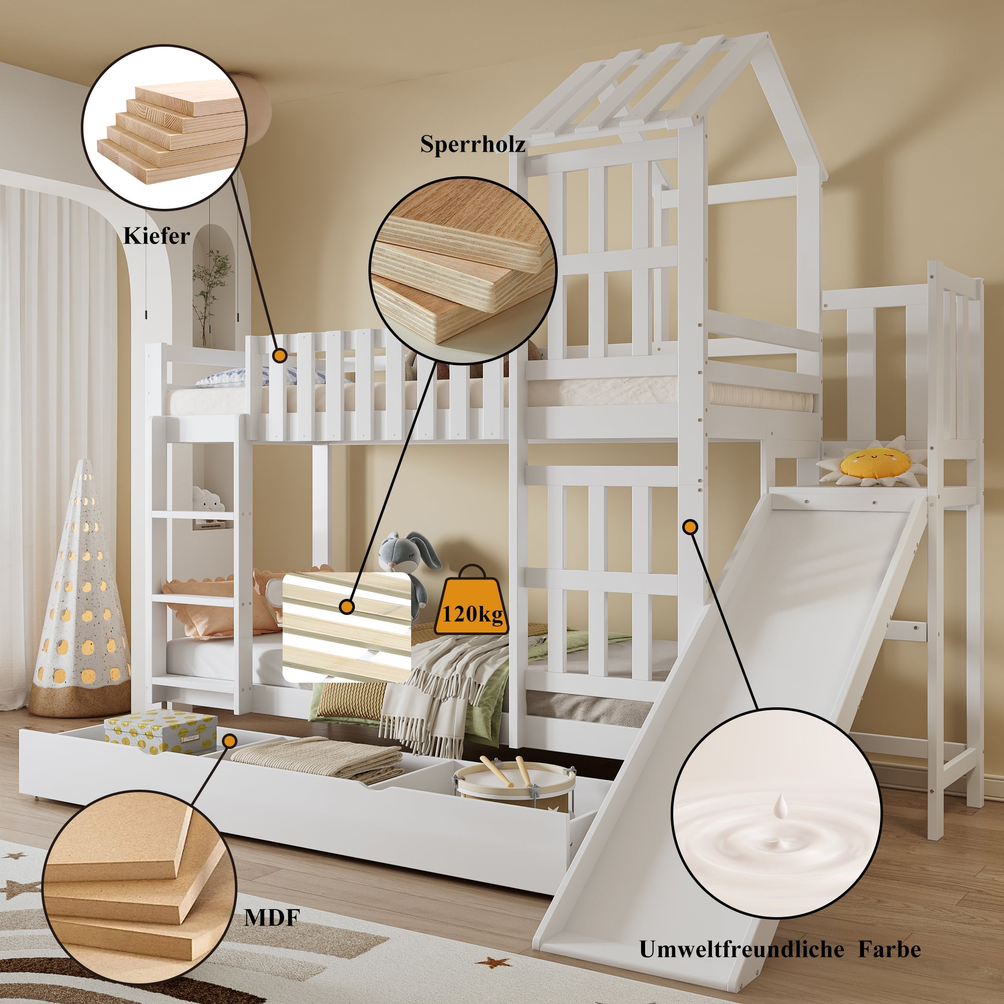 Bunk bed, children's bed with large drawer, fun slide, roof and window, white, Pine+MDF+Plywood