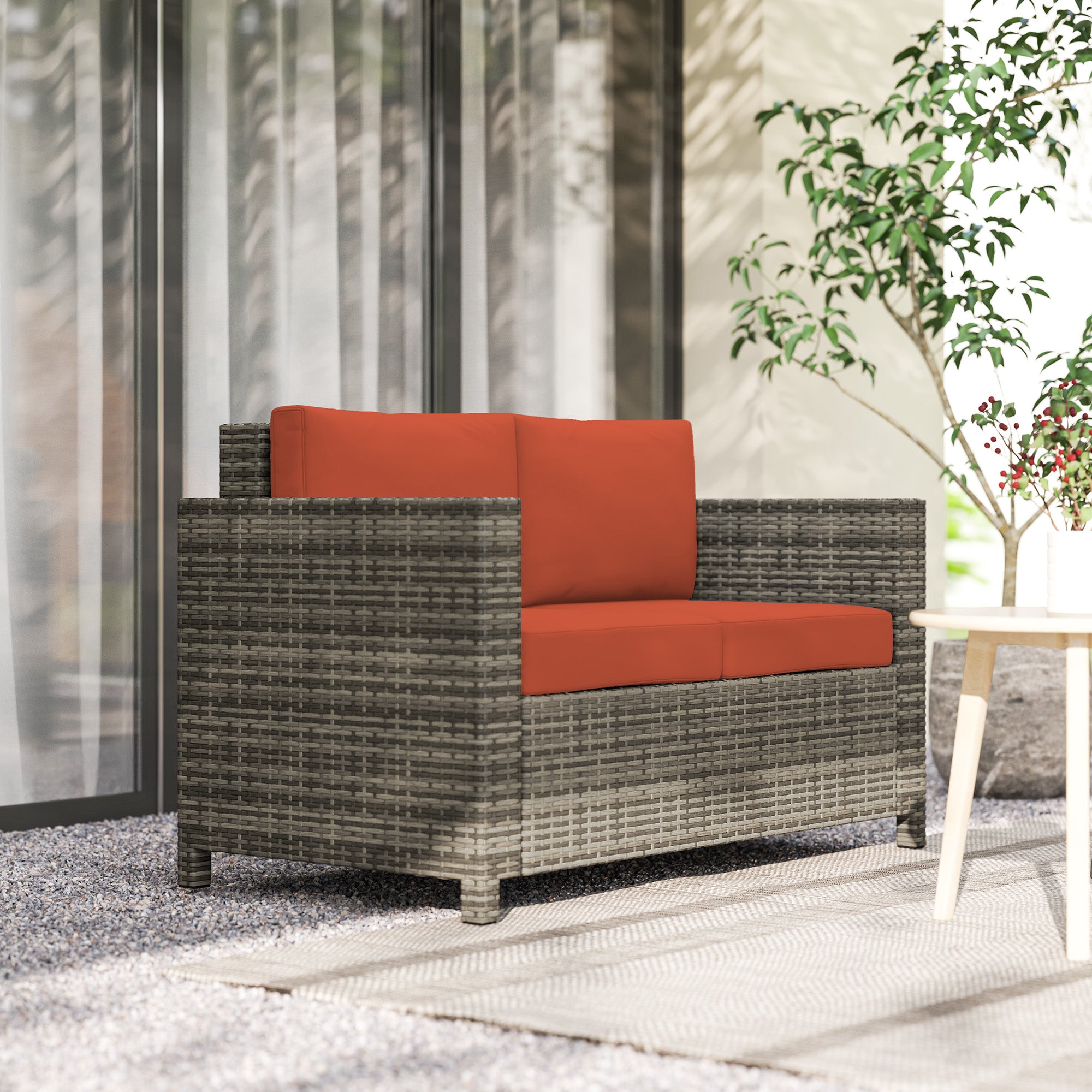 Rattan Sofa, 2 Seater Garden Loveseat with Cushions, Wicker, Grey