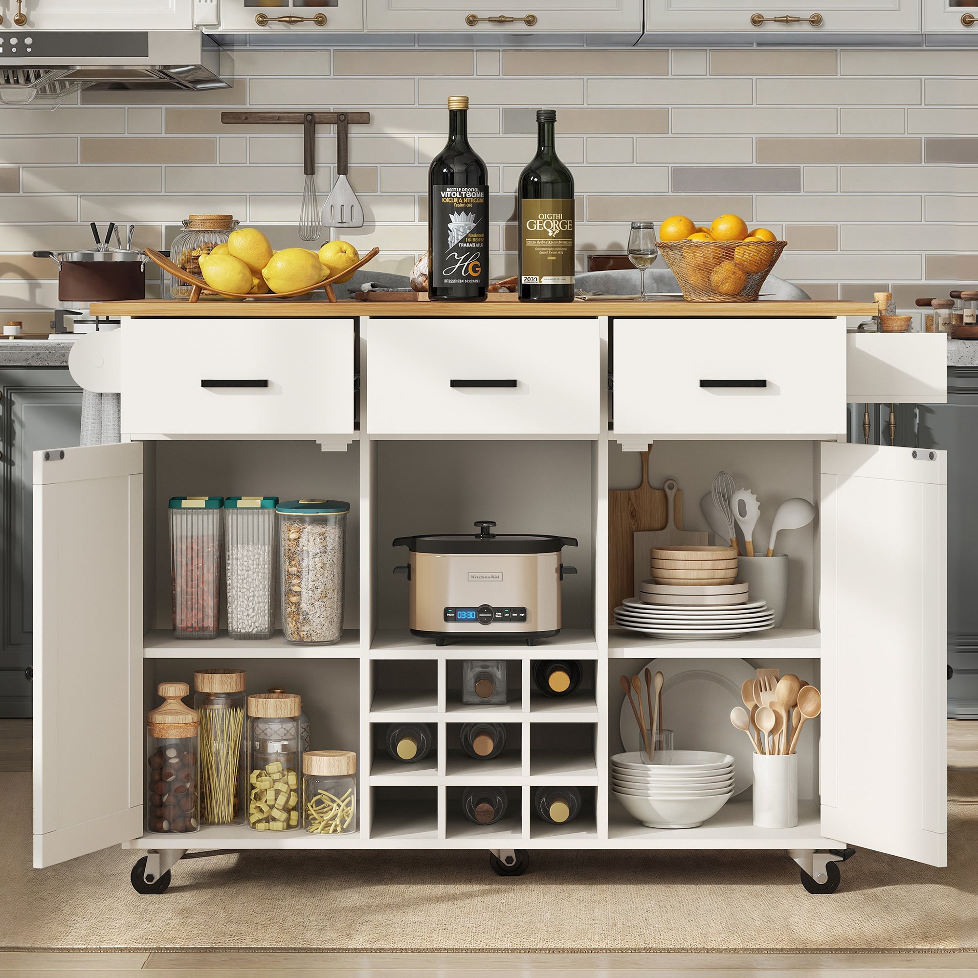 Dining Cart Removable Worktop Spice Rack Adjustable Storage - White