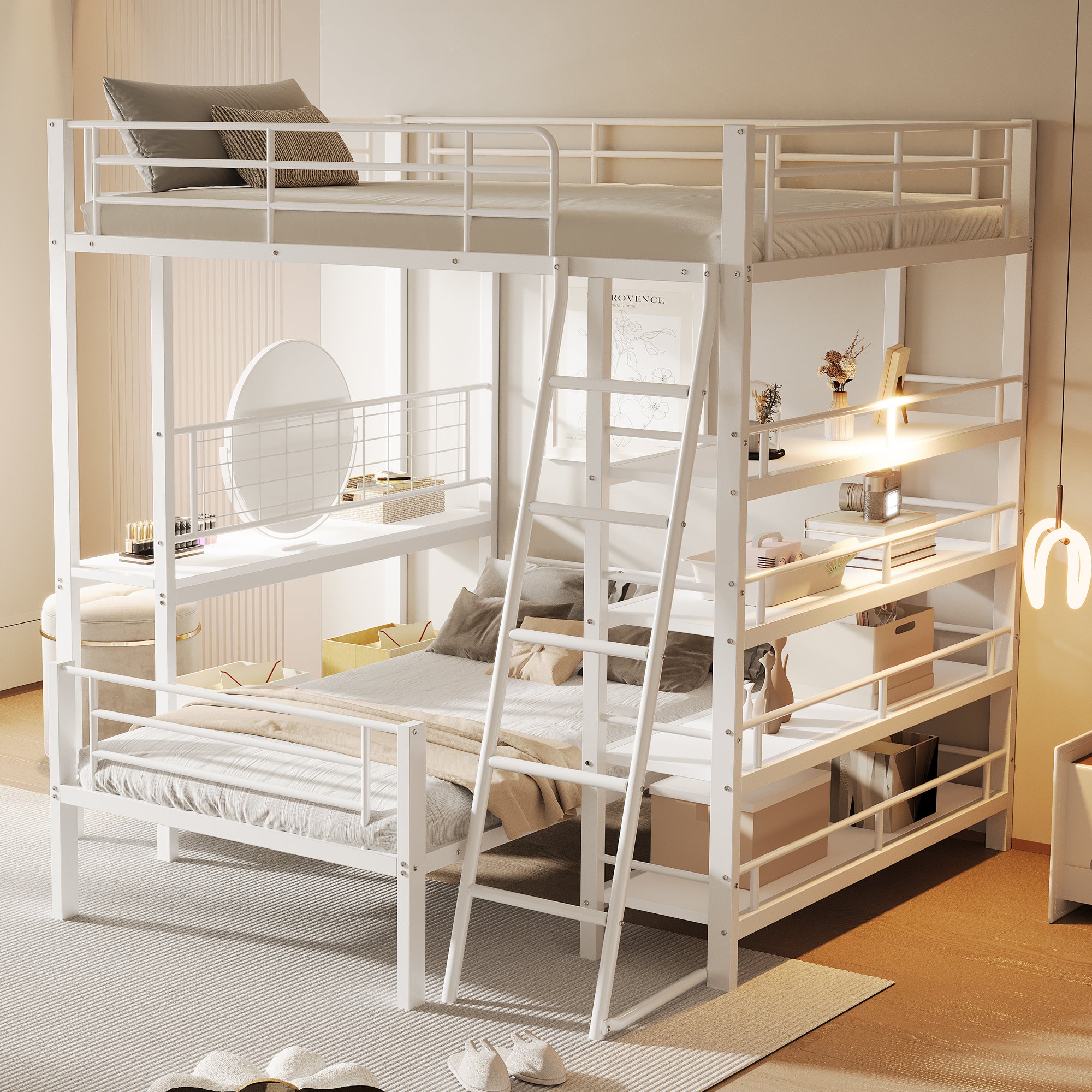 Bunk Bed, Loft 140x200 Multifunctional with Storage, White Metal
