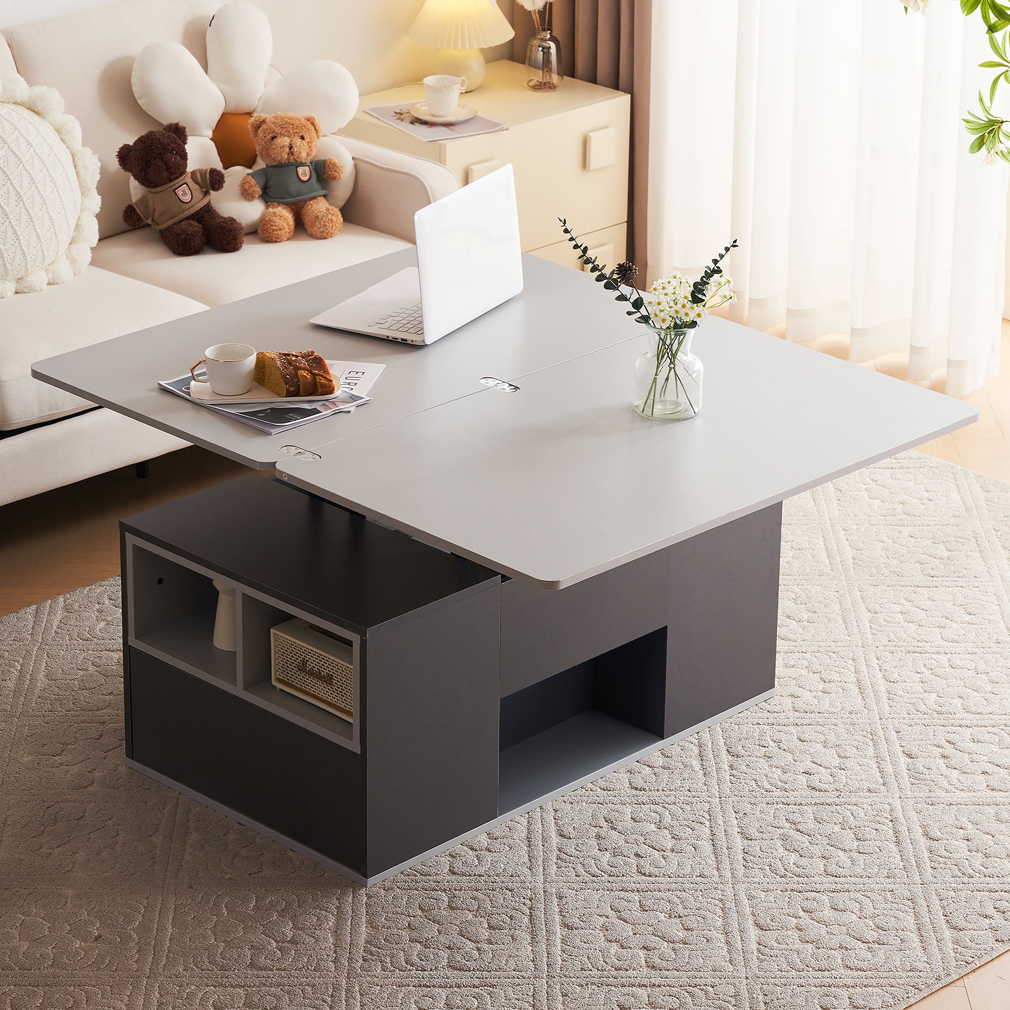 Liftable Multifunctional Coffee Table Opens to 2 Tables Large Capacity - Dark Grey/Light Grey