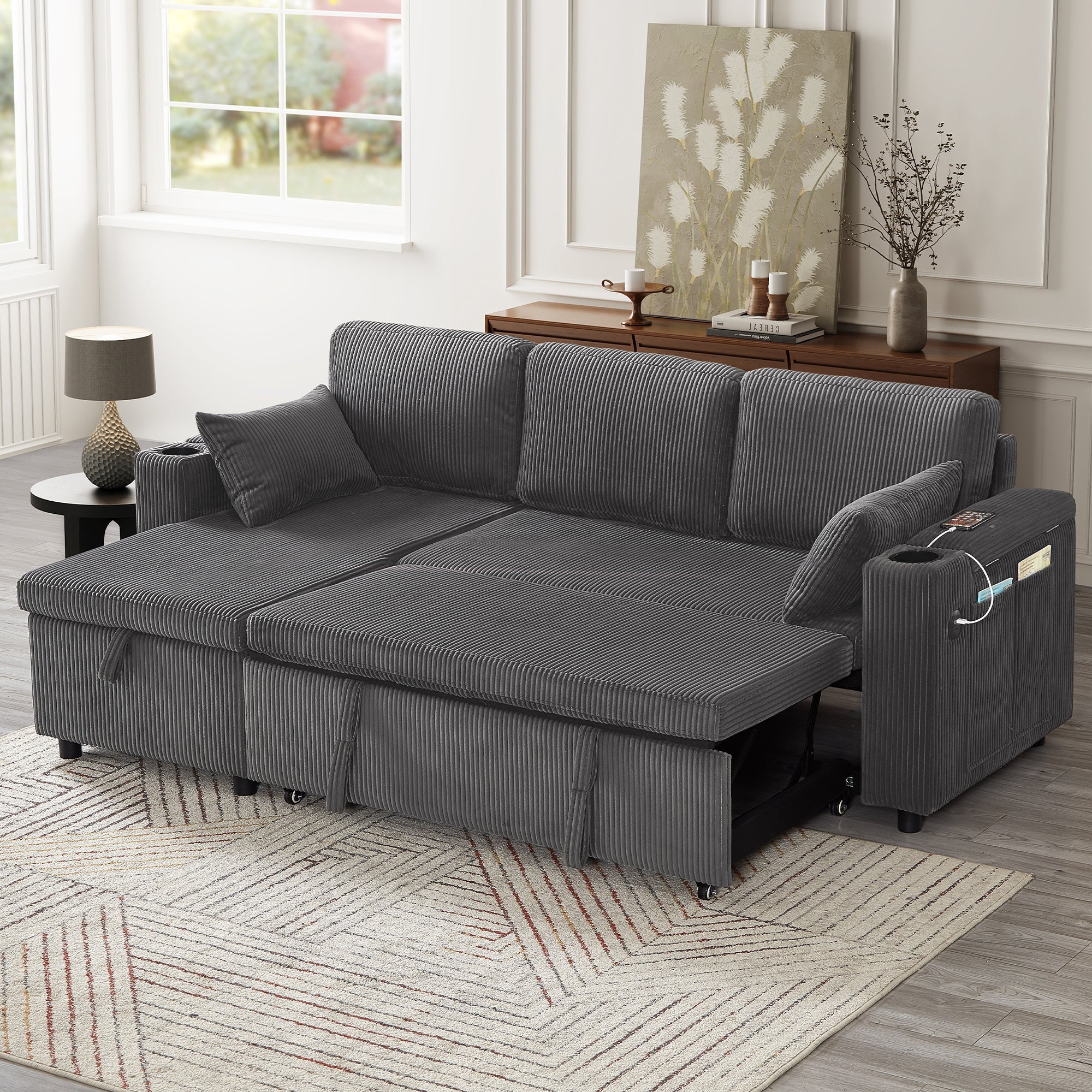 3 in 1 Convertible Corduroy Sofa Bed with Storage Chaise, L Shaped Sleeper Sofa Couches with Armrest Storage and Charging Station, Pullout Sectional Daybed for Living Room/Bedroom/Office, Grey