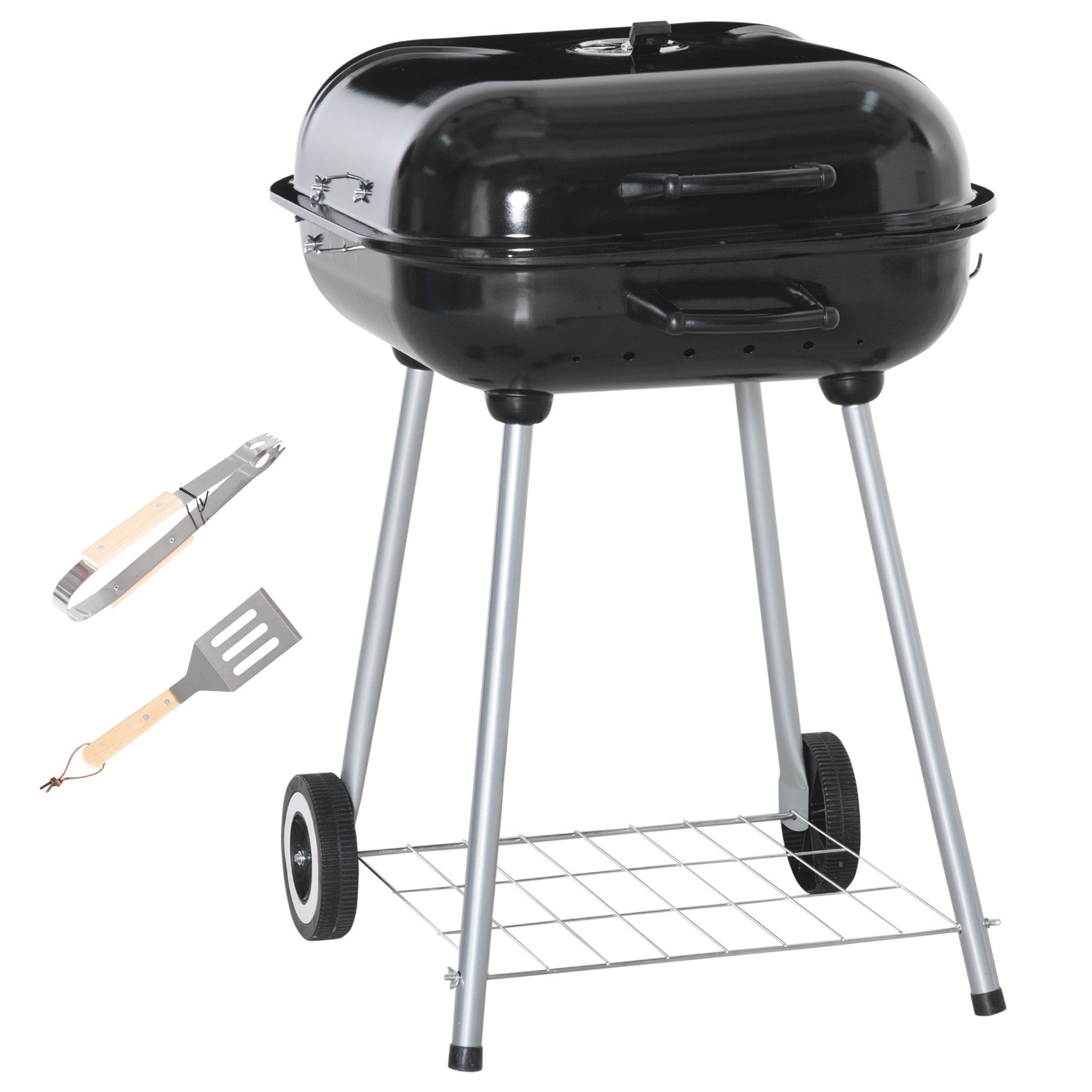 Portable BBQ Charcoal Grill with Lid, Utensils and 2 Wheels, Black Metal