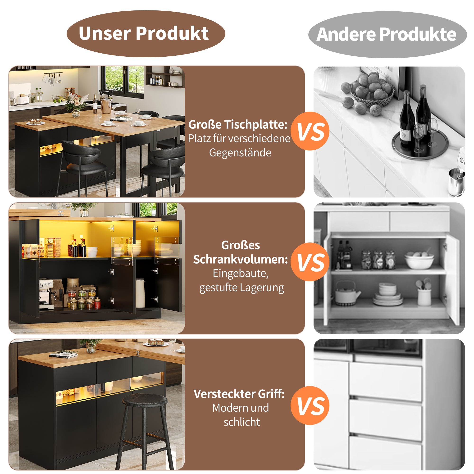 Extendable Bar Table with LED Lighting and 360° Swivel, 120-180cm Kitchen Island with Storage, MDF