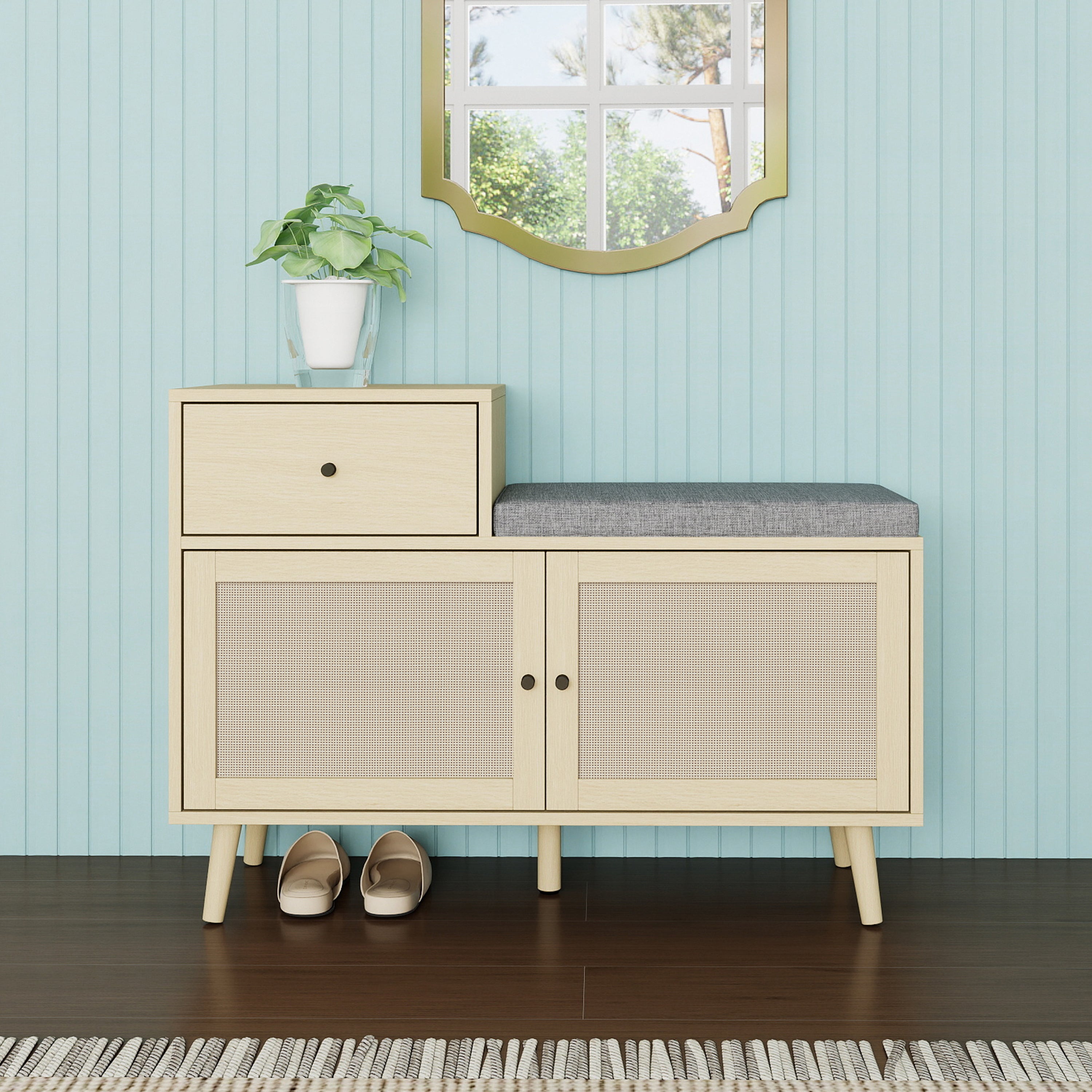 Boho Shoe Bench with Rattan Double Doors, Drawer, Padded Seat, Wood Look