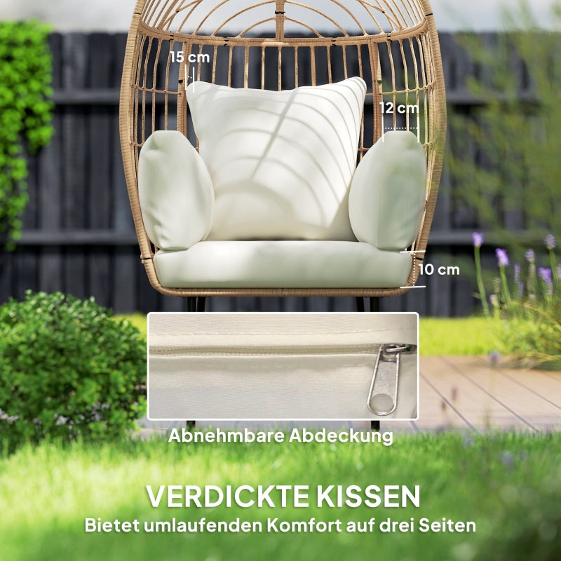 Egg-Shaped Rattan Chair, Removable Cushion, Oversized Outdoor Weatherproof Wicker, Beige