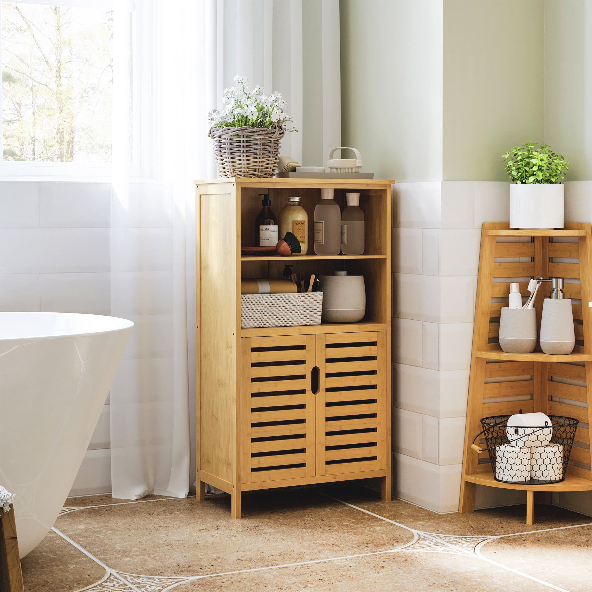 kleankin Bathroom Cabinet, Slatted Doors, Bamboo