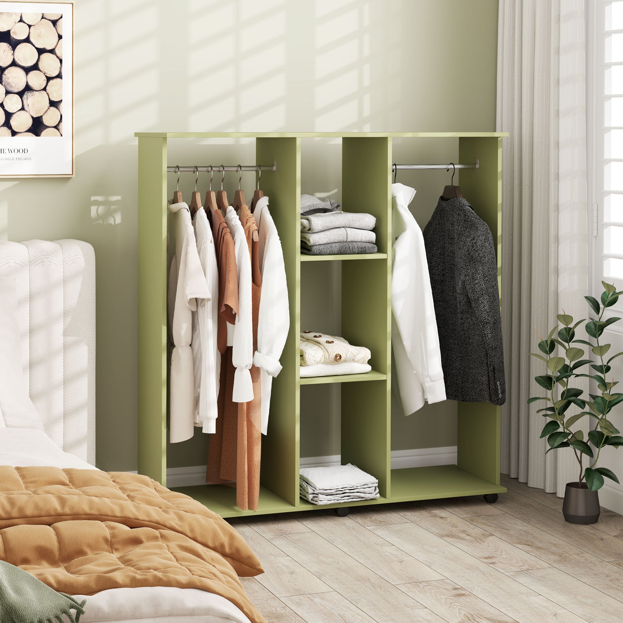 Open Wardrobe Double Storage Shelves Organizer W/6 Wheels Green