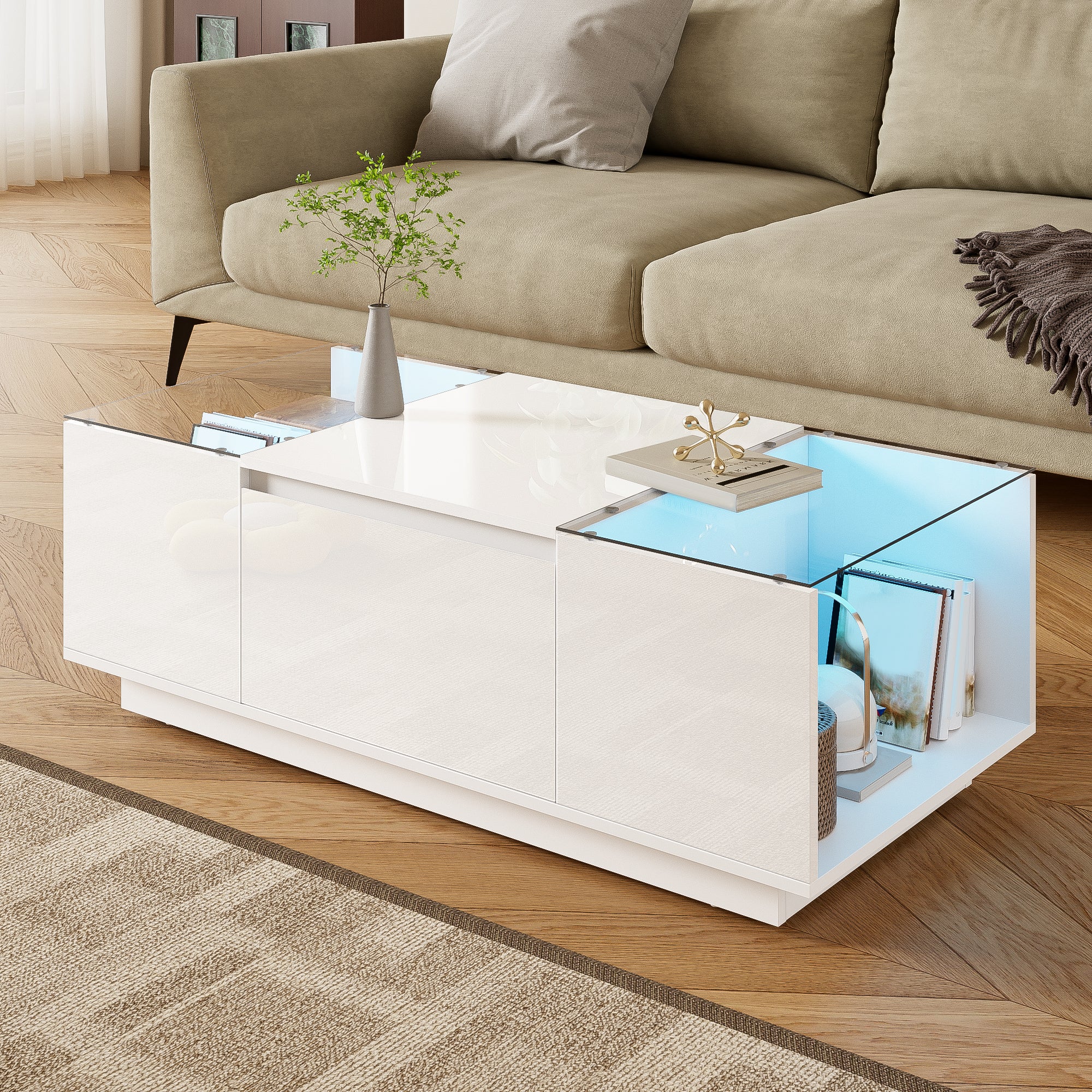Coffee Table Modern Minimalist 105cm, Storage, LED, Glass Top, 2 Drawers