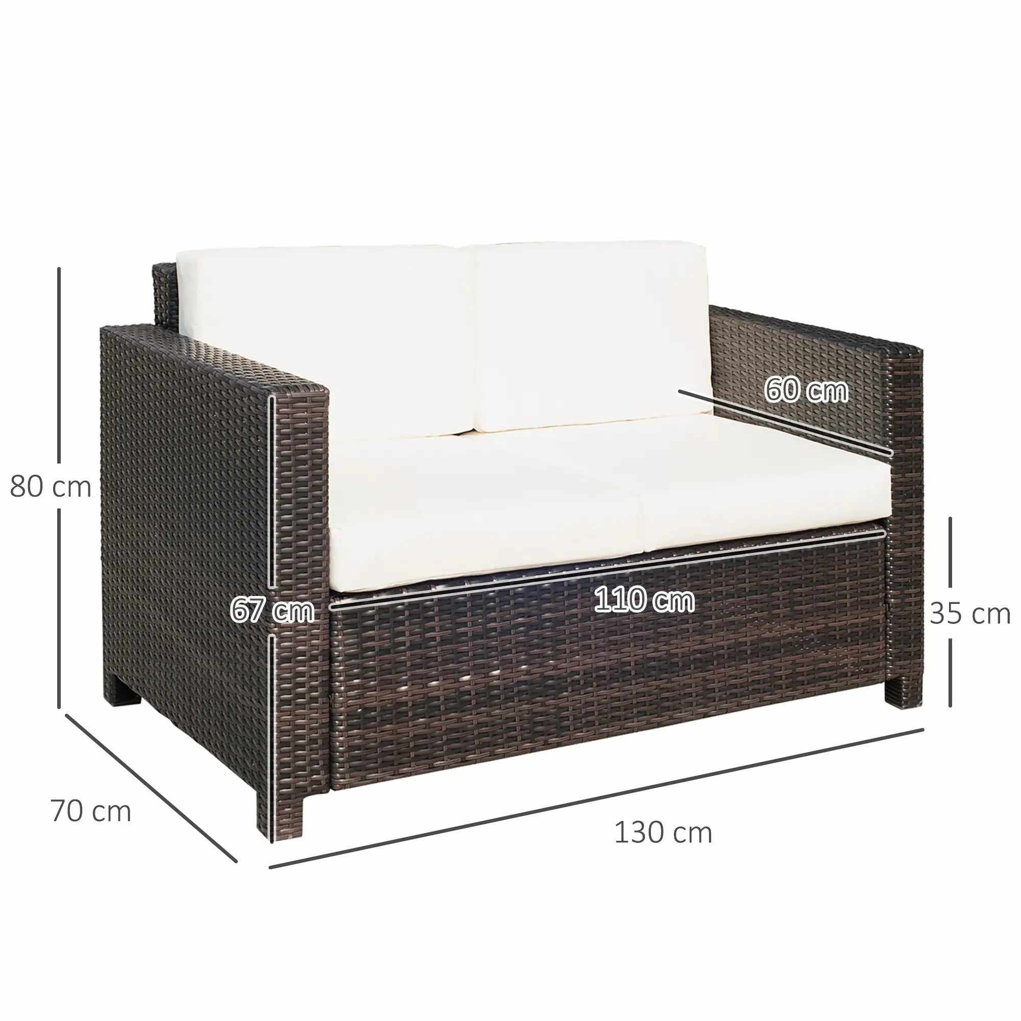 Rattan Sofa, 2 Seater Garden Loveseat with Padded Cushion and Armrests, Mixed Brown