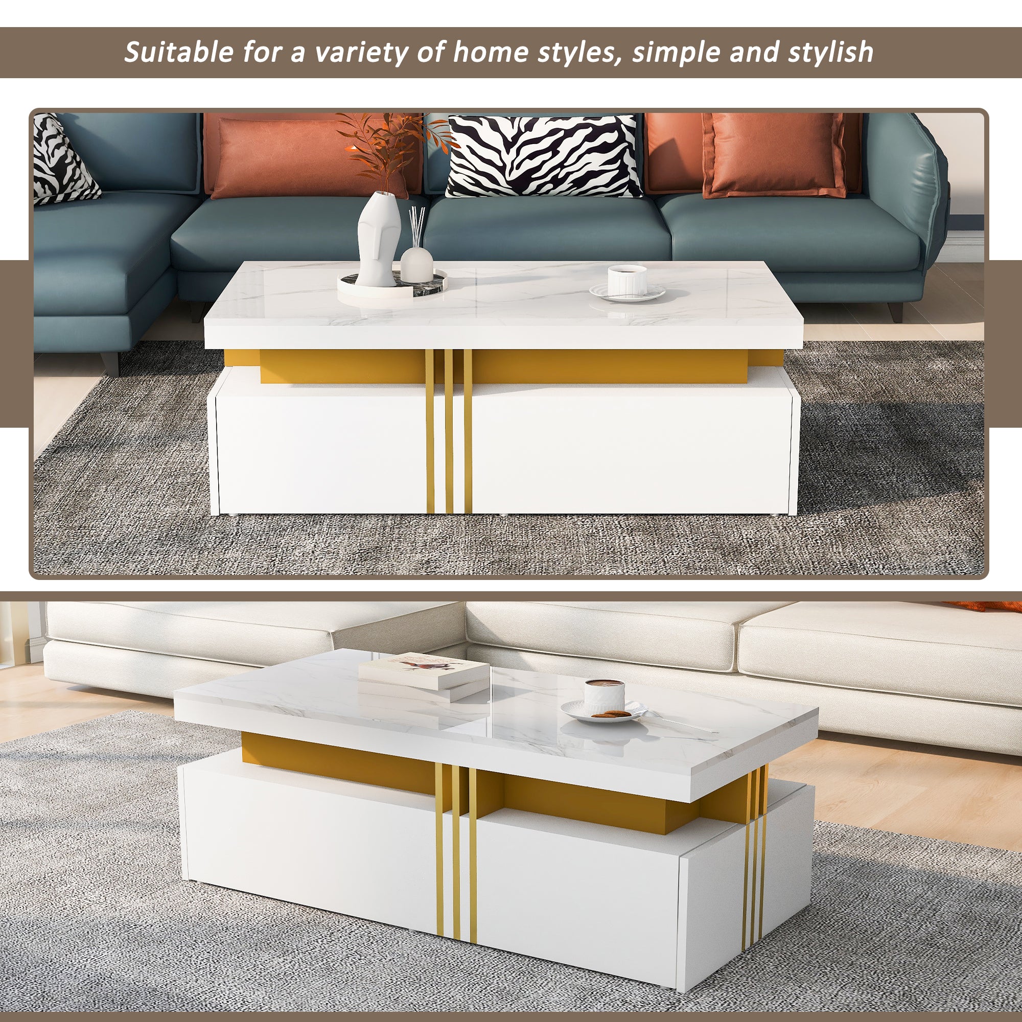Modern rectangular coffee table with high gloss top and 2 wooden drawers, marble tabletop