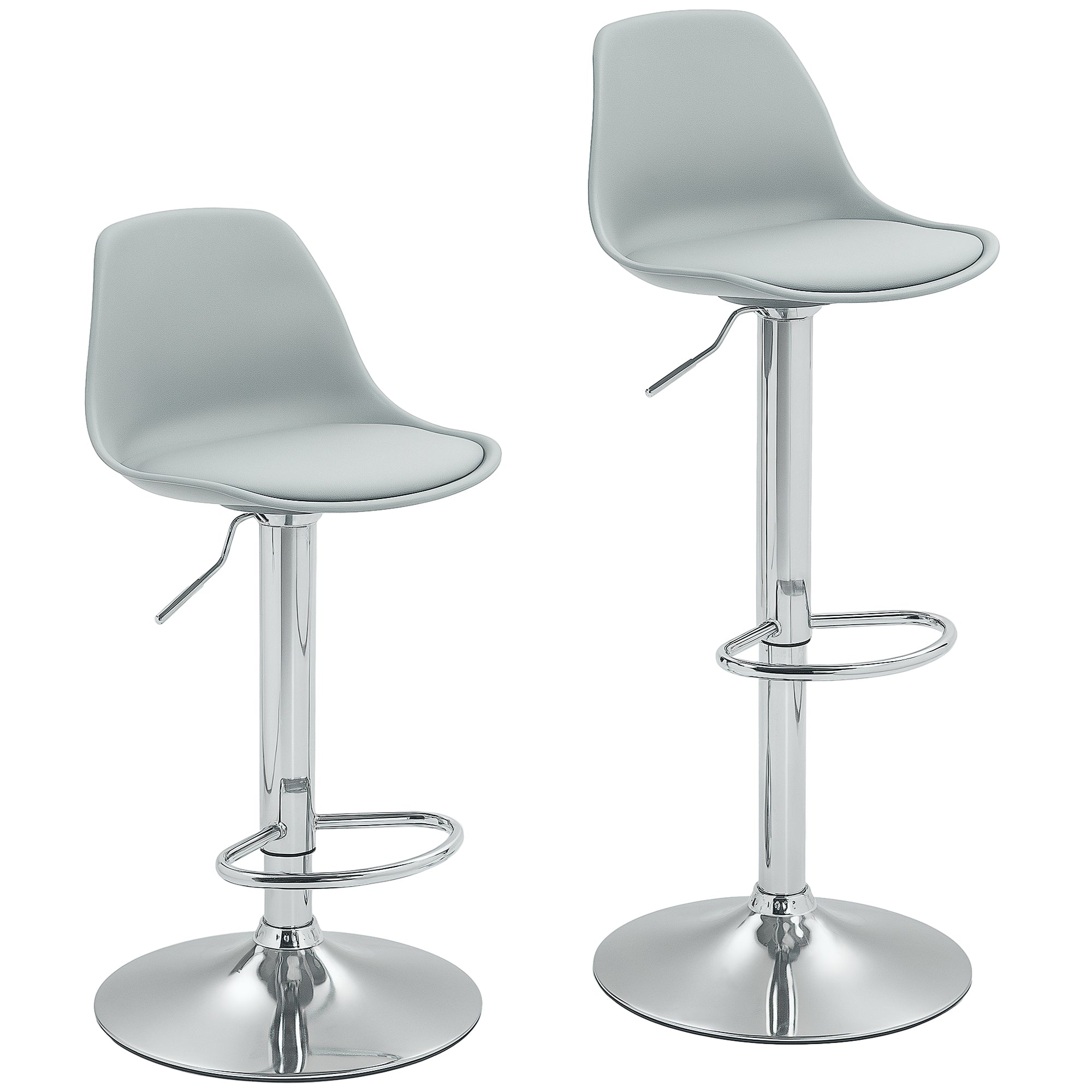 Bar Stool Set of 2, Padded with Steel Frame, Height-Adjustable, Faux Leather Grey