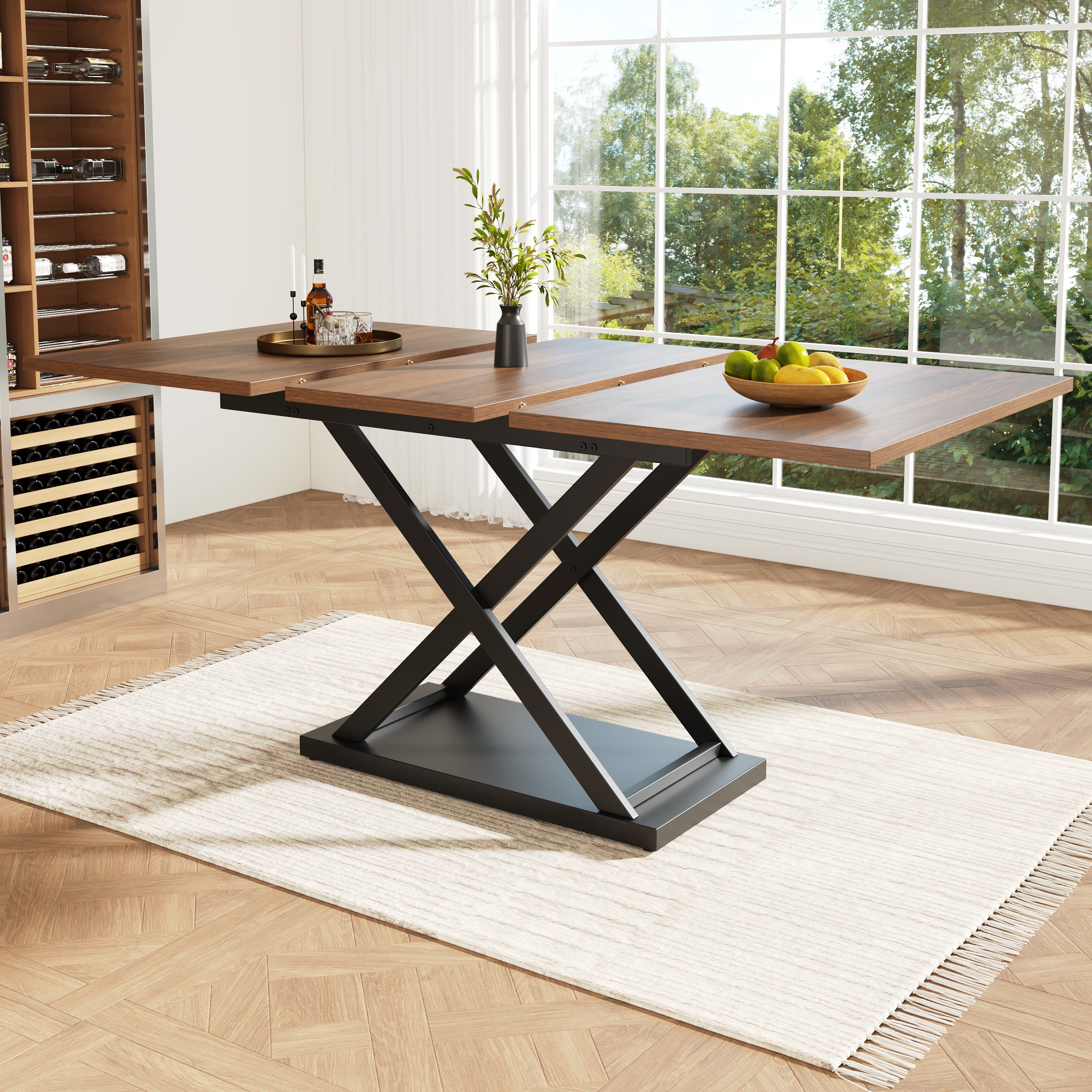 Telescopic Dining Table, Extendable Space-Saving with Crossed Iron Legs, Walnut