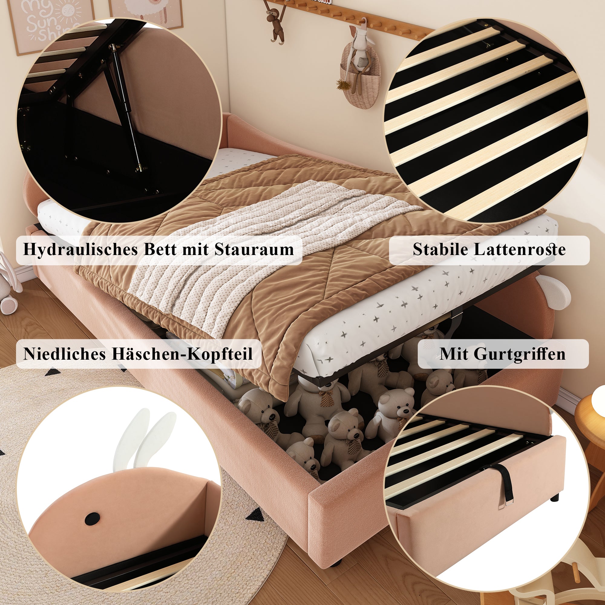 Upholstered Bed, Single Children's with Bunny Headboard & Hydraulic Storage, Velvet Pink+White