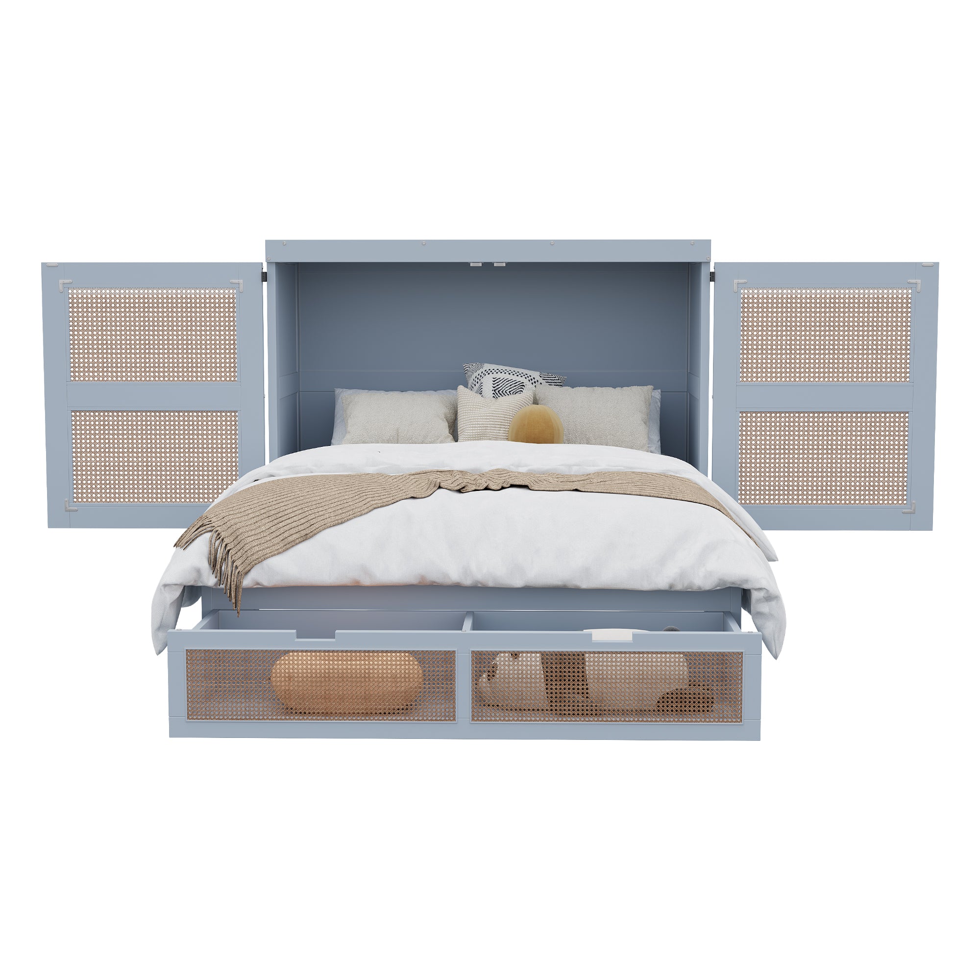 Wall Bed 140x200cm, Slatted Frame, Storage Drawers, Rattan Design, Grey