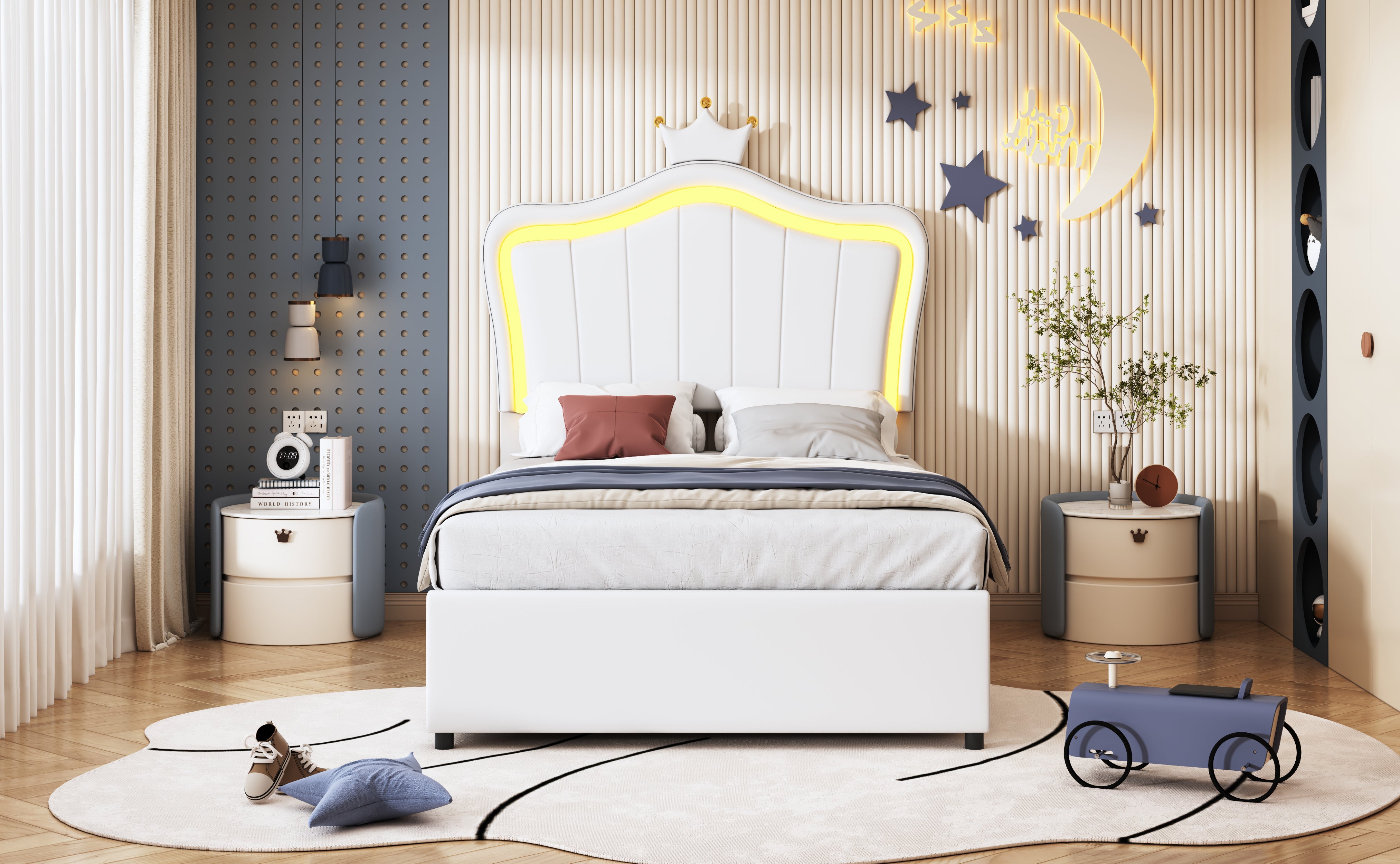 Upholstered Children's Bed 90x200 cm, Crown Design, LED Lighting, Hydraulic Storage, White Artificial Leather
