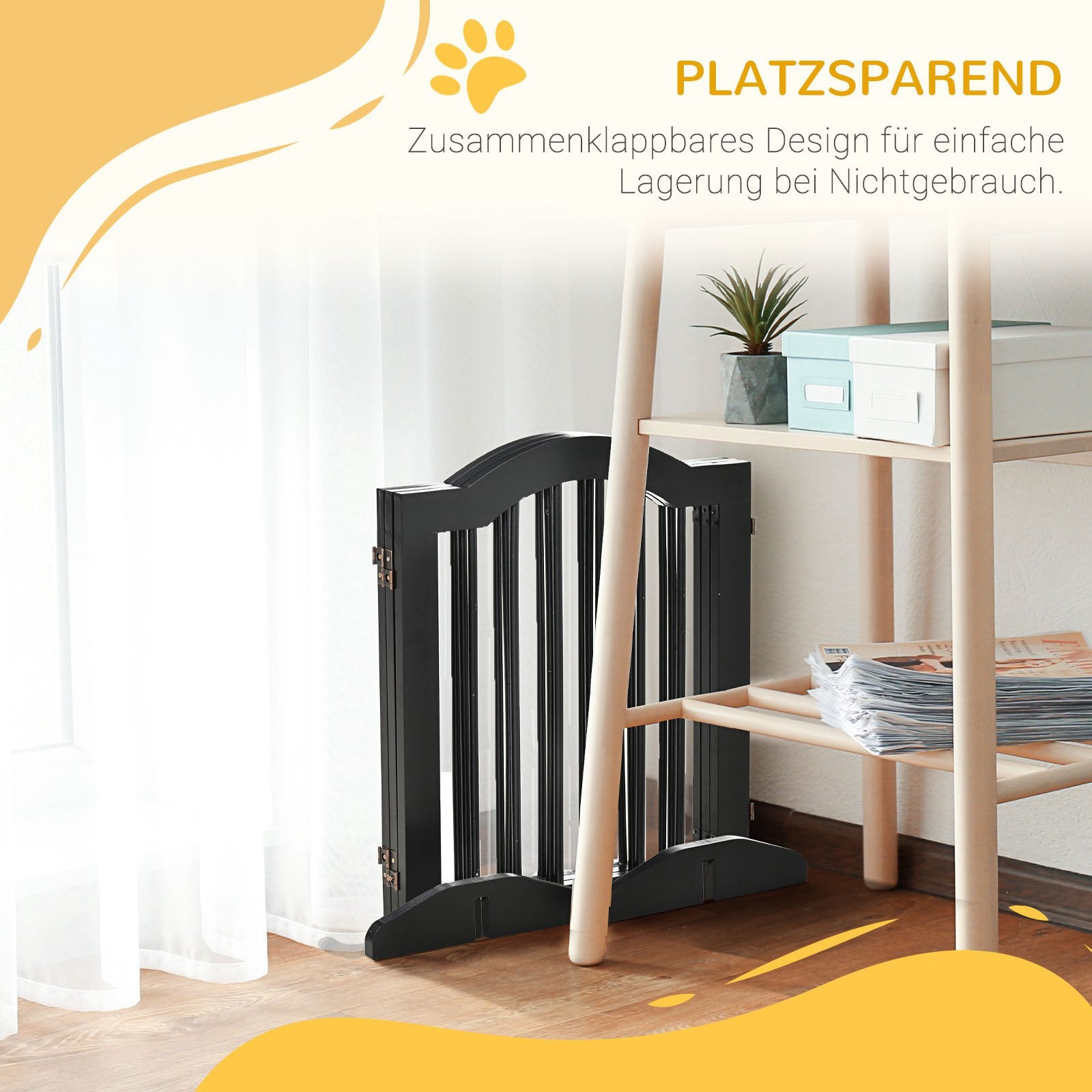 Dog Barrier, 3-Piece Foldable Gate with Support Feet, Black