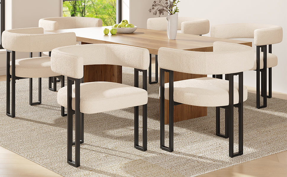 Ergonomic Dining Chair Set of 6 with Curved Backrest, Beige and Brown Lambskin Fabric