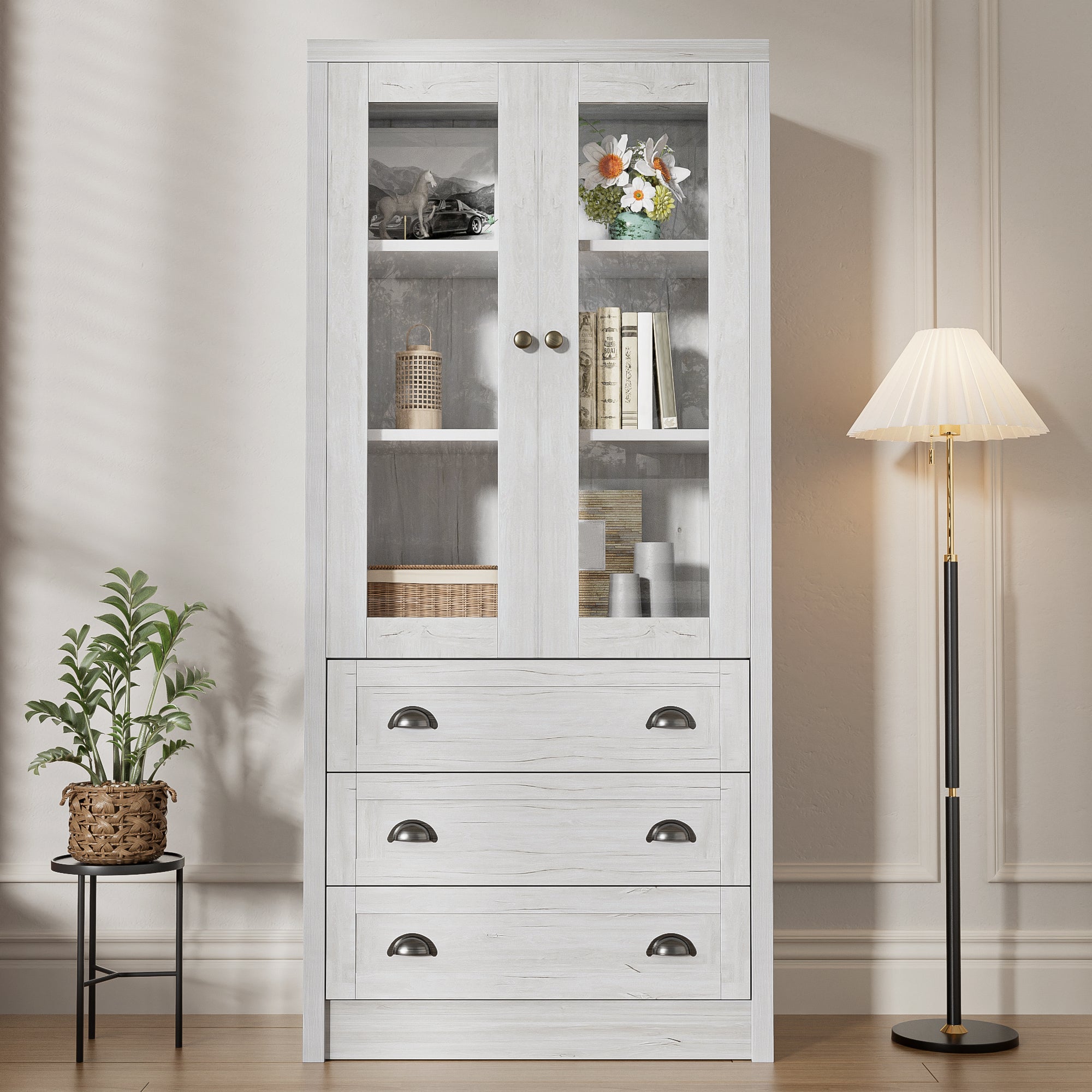 Modern Highboard Cabinet, 80x34x171 cm, Glass Doors, 3 Drawers, Wood Look with Copper Handles