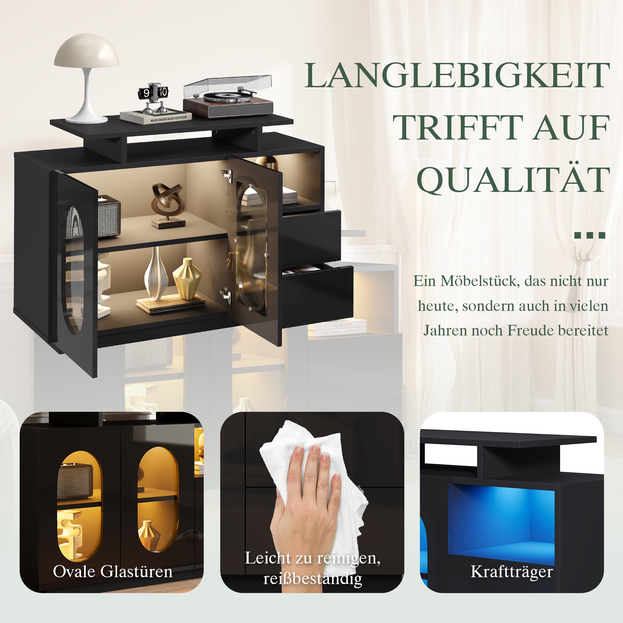 Sideboard LED Oval Glass Doors High-Gloss Front, Black