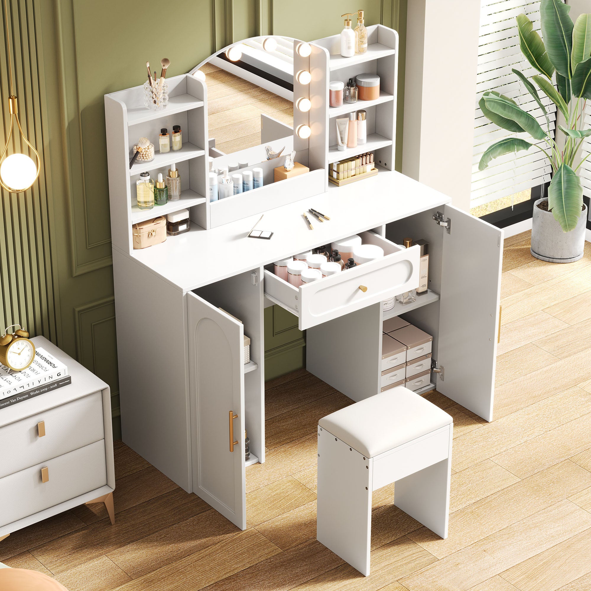 Large Vanity Table with LED Lighting, Mirror and Stool, White