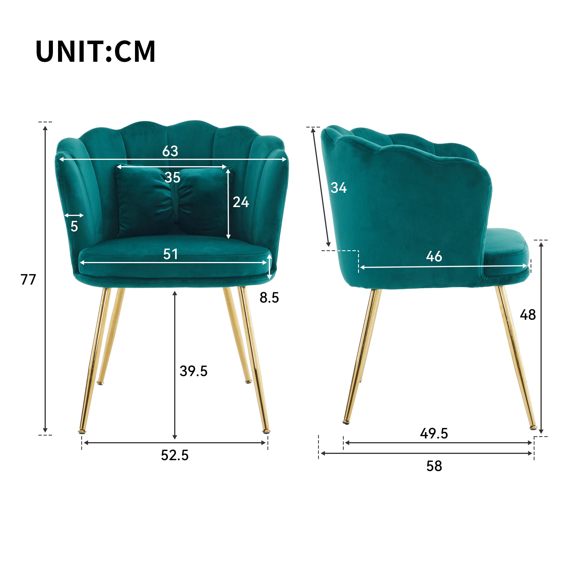 Modern velvet armchair, comfortable upholstered with petal back, gold-plated metal legs and butterfly cushion