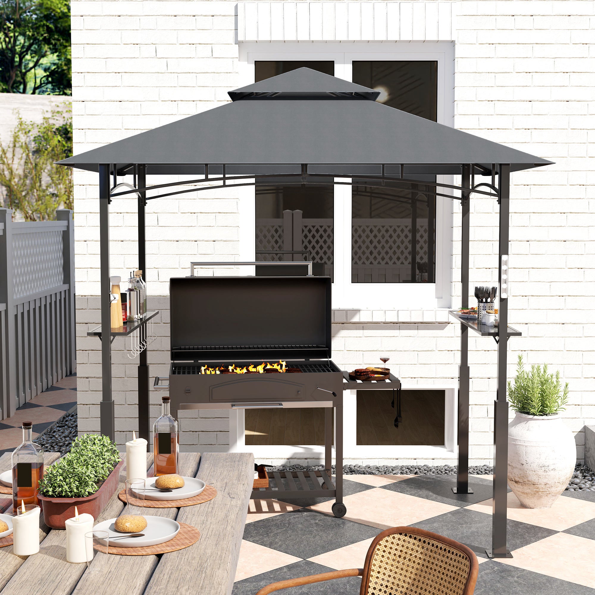 Grill Gazebo LED Lighting, Double Roof, Side Shelves, Waterproof Metal Grey