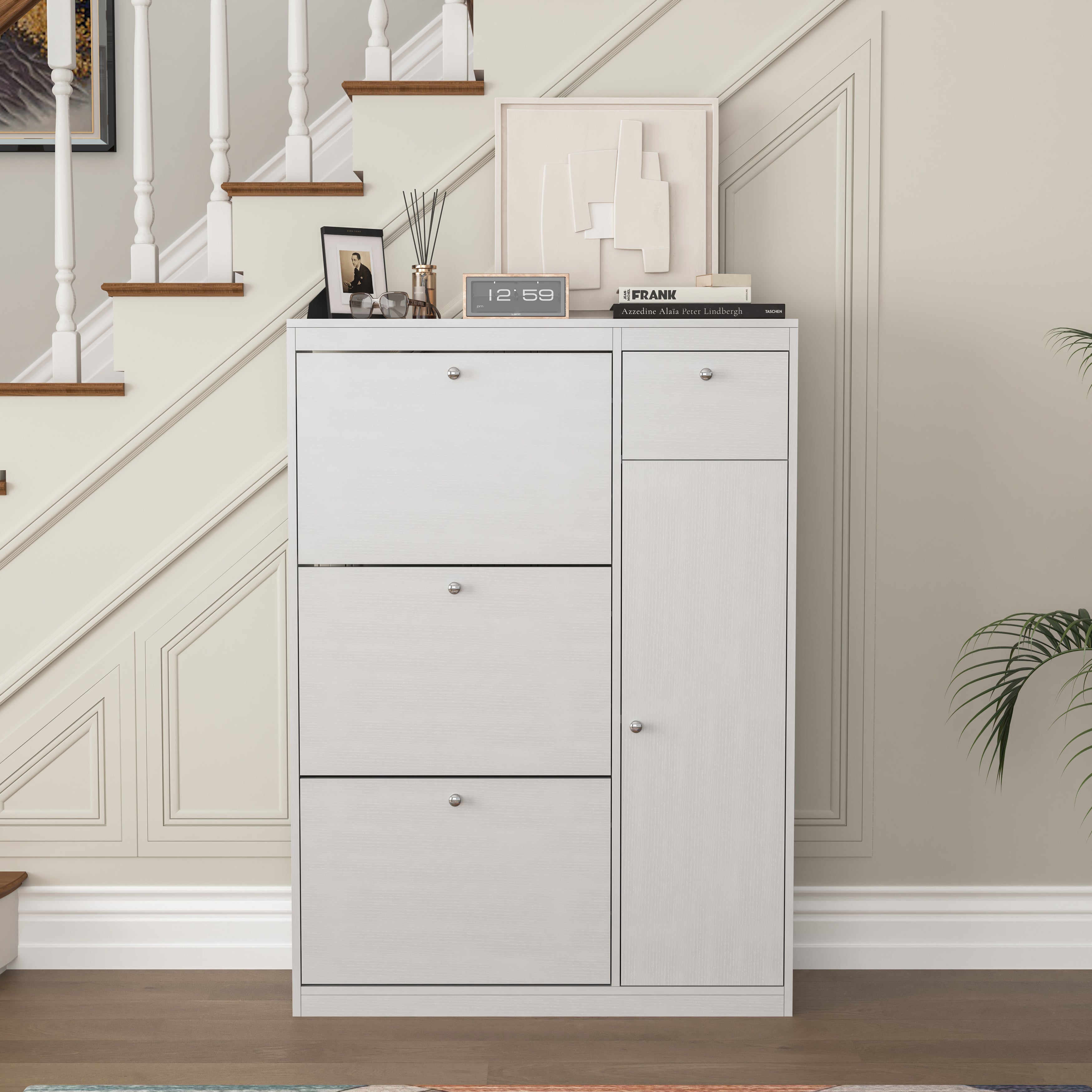 Shoe Cabinet with Tilting Function and 3 Fold-Down Drawers, Particleboard