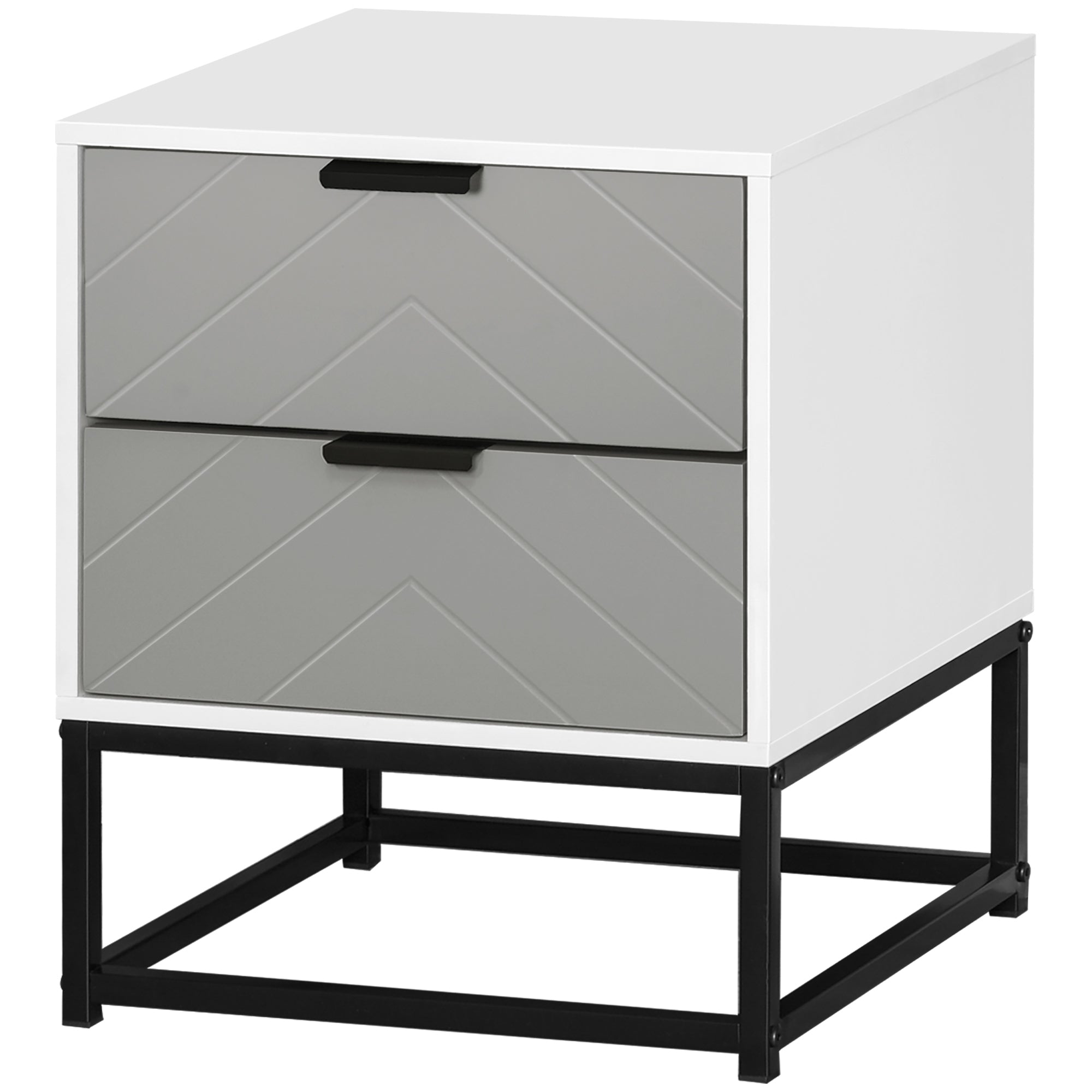 Bedside Cabinet, 2 Drawer Storage Nightstand with Metal Base, Grey/White MDF