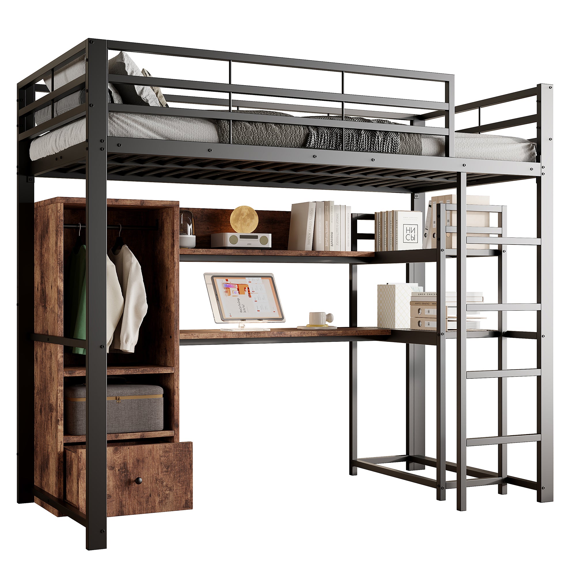 Loft Bed 140x200cm Metal LED Desk Drawer Shelves Stairs - Black