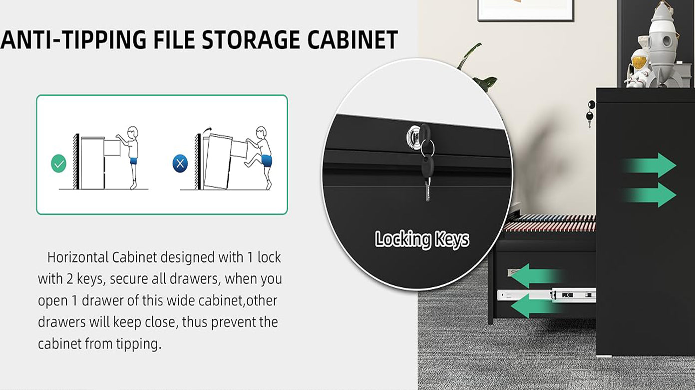 File Cabinet 2 Drawer Metal Lateral Locking Legal/Letter/A4 - Black