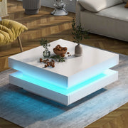 White Square High Gloss Coffee Table with 360° Rotating Top, Tea Table with 16-Color LED light, 70x70x36 cm