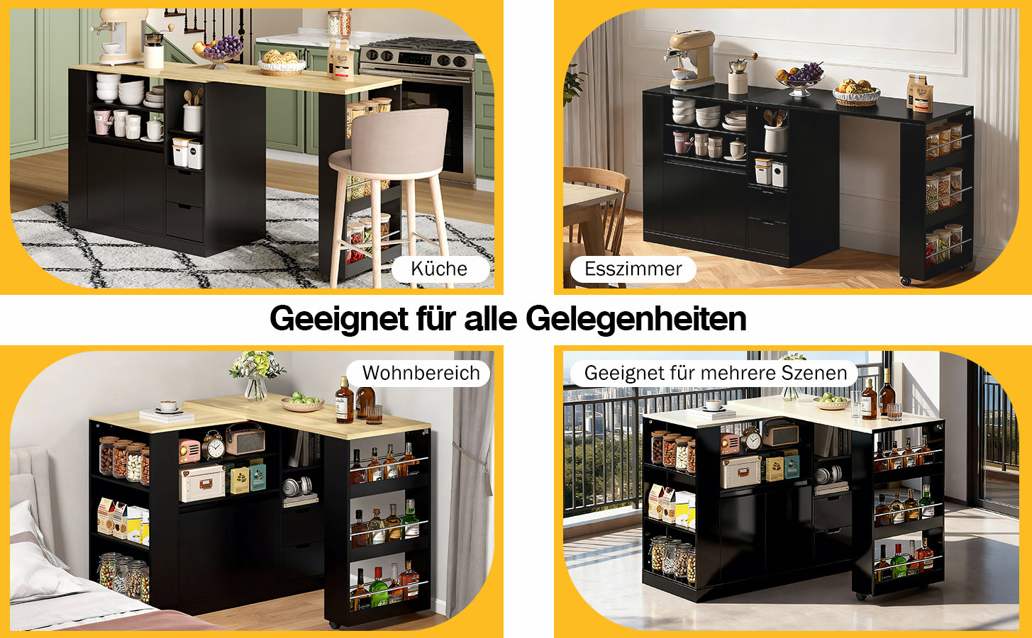 Kitchen Island with Extendable Worktop and Storage Drawers, Wood Look