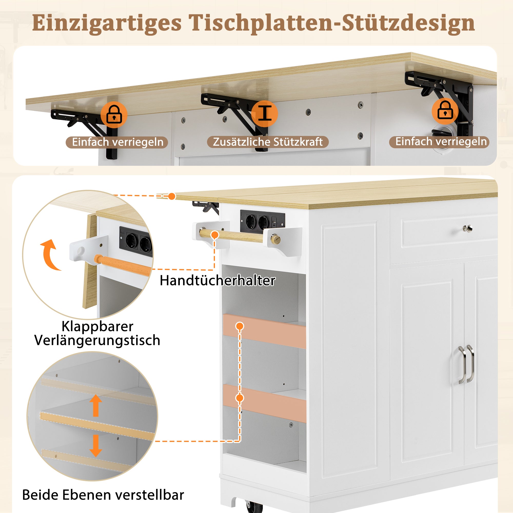 Mobile Kitchen Island Extendable Dining Storage Drawers Waste Bin - White
