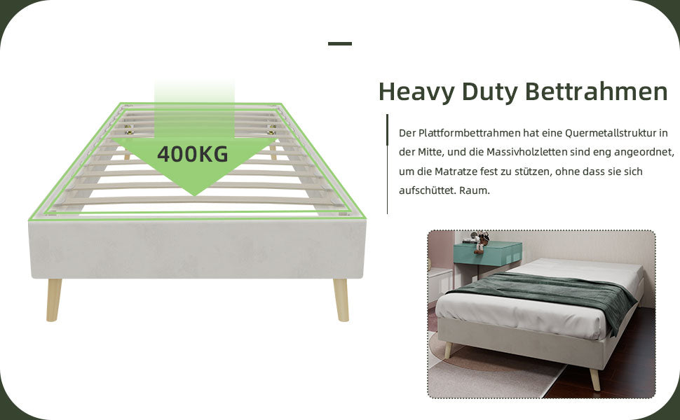 Modern Minimalist Bed Frame, 90x200 cm Low-Profile Base, Beige Dutch Velvet