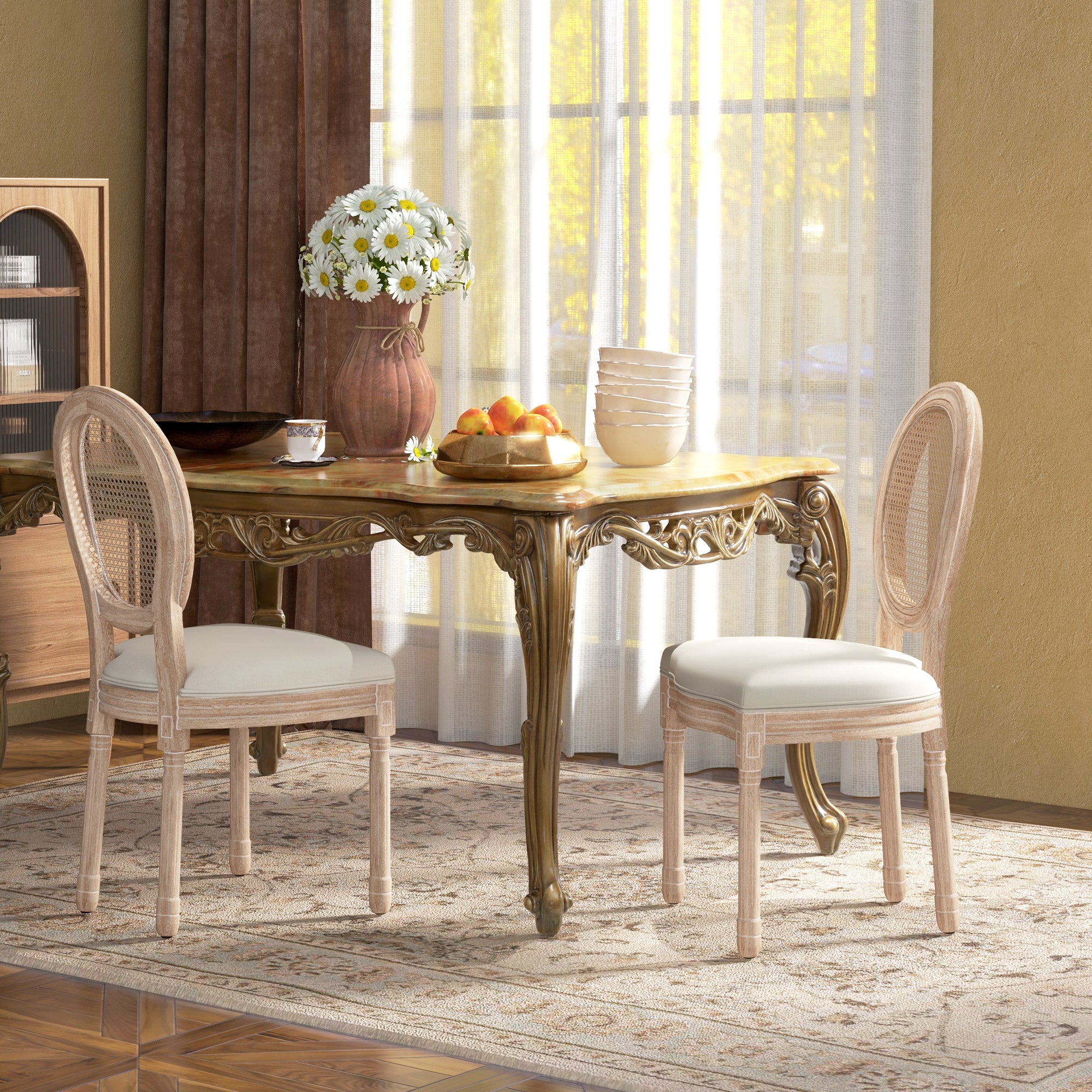 Dining Chairs, Set of 2 Kitchen Backrest Wooden Legs, Linen Rattan Look Cream White