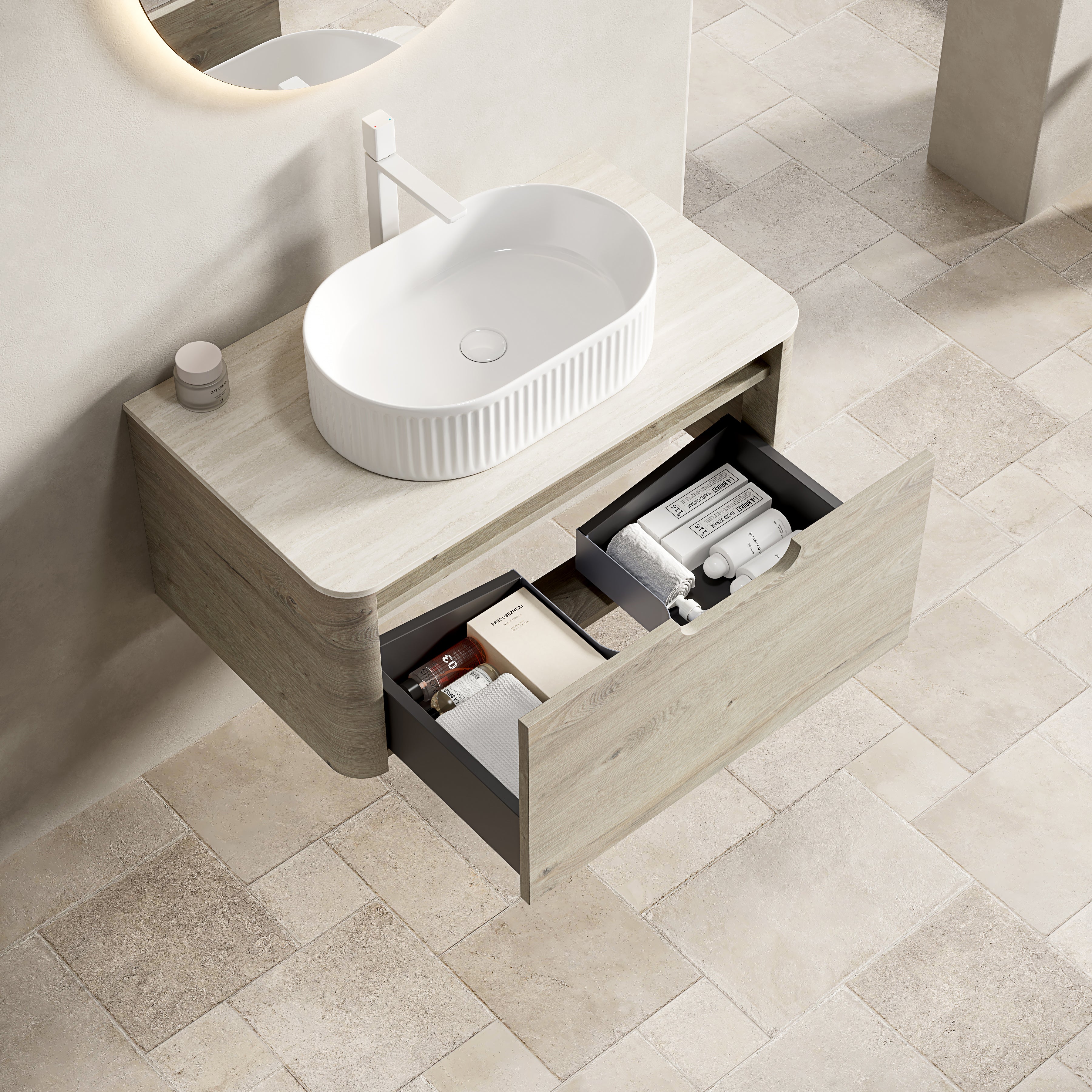 Floating Bathroom Vanity with Oval Sink and Sintered Stone Top, Oak Cream Wood Grain
