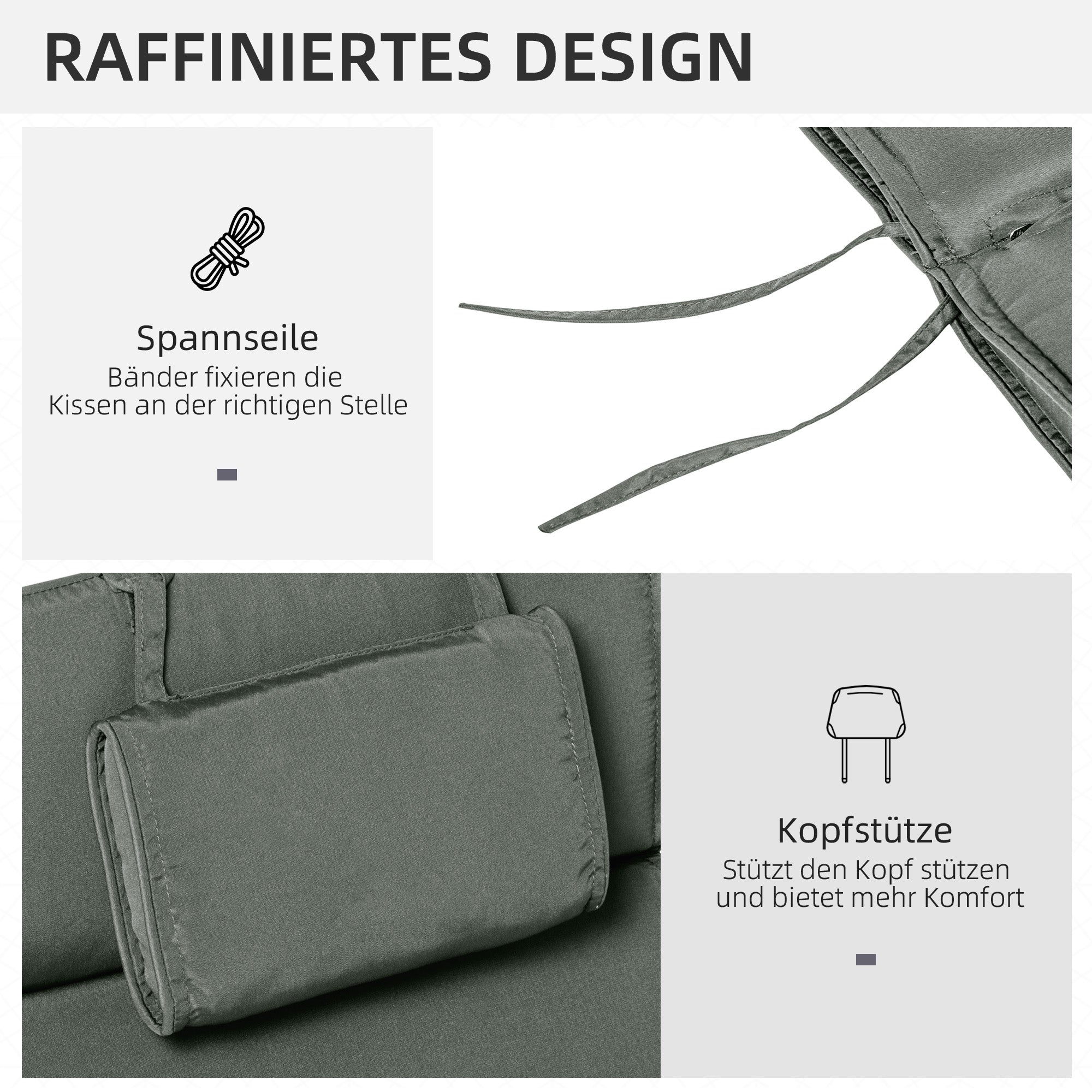 Lounger Cushion, Garden, Removable Headrest, Polyester Cotton Fibre, Grey