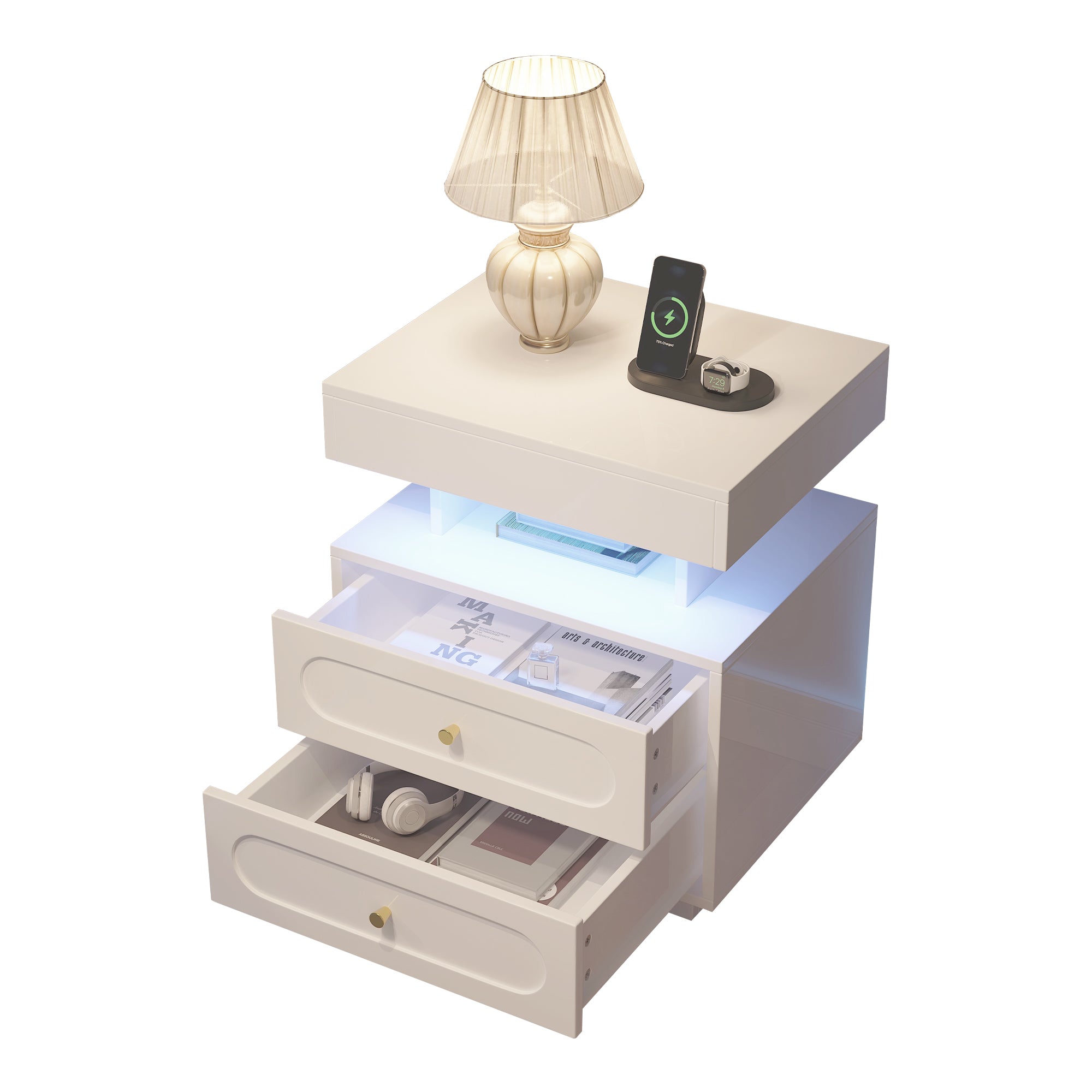Bedside Table Nightstand with LED, 2 Drawers & Open Storage, White