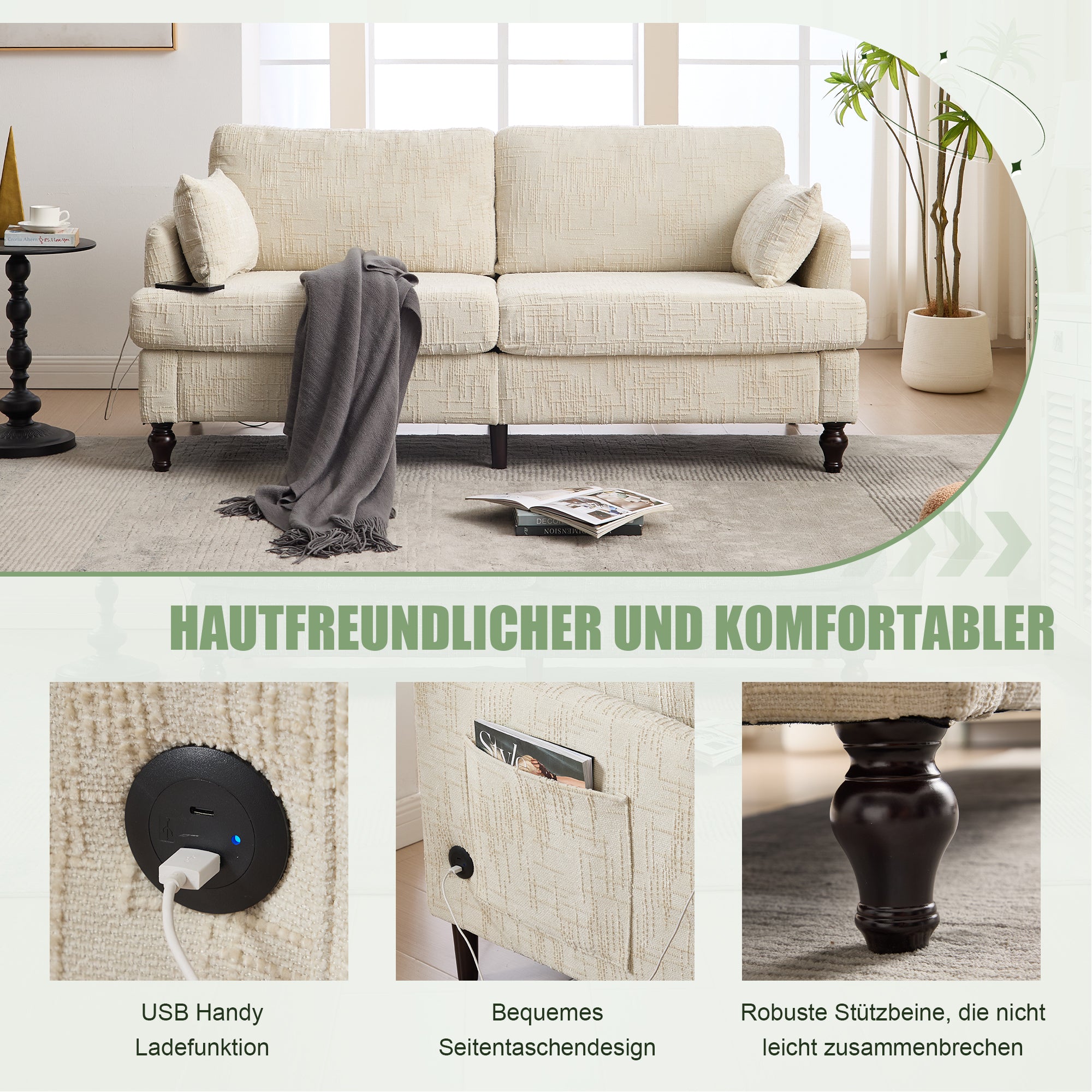 Sofa, 2-Seater with LED Light, USB & Storage, Chenille