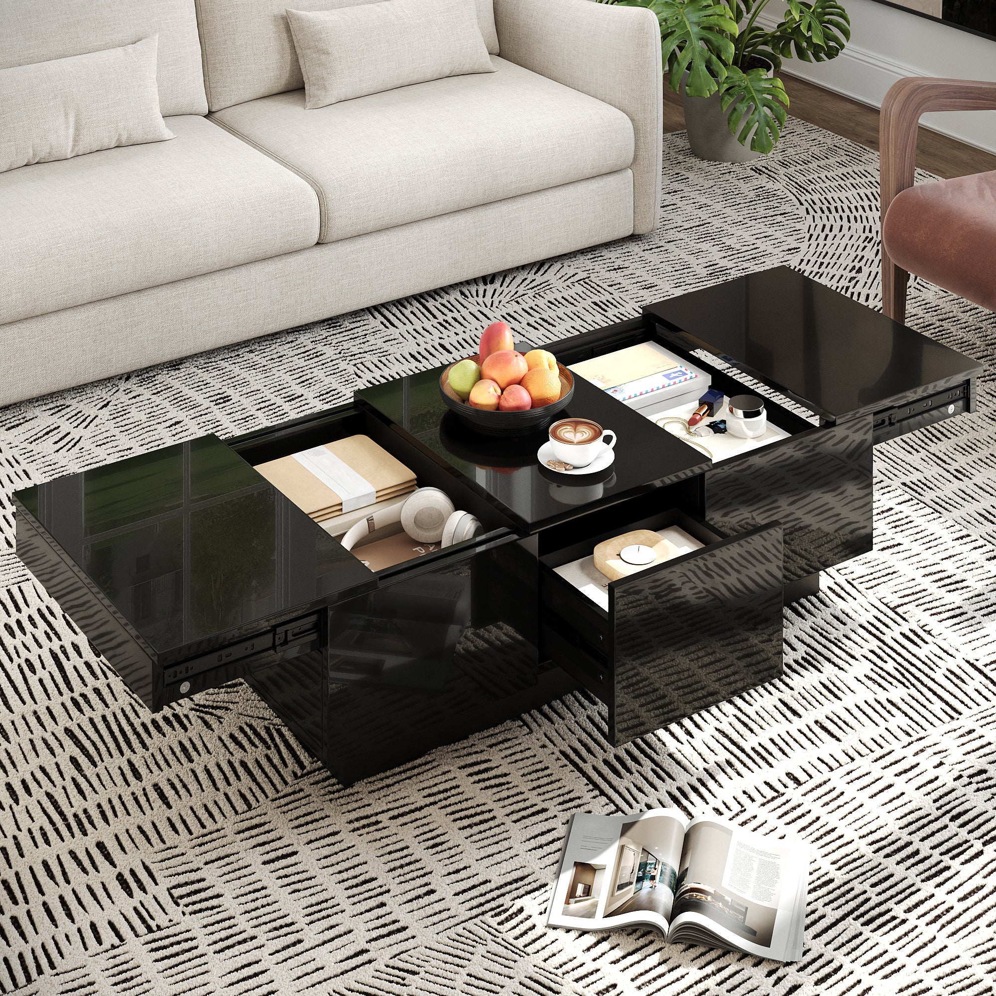 Coffee Table Rectangular Storage High-Gloss Black